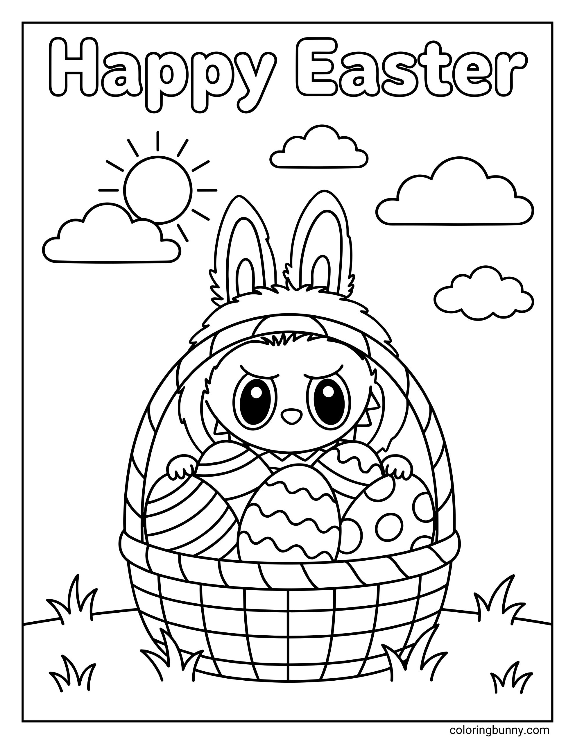 An easy Labubu Easter coloring page showing Labubu tucked behind a basket overflowing with decorated eggs, under a “Happy Easter” title with simple clouds, sunshine, and grassy ground.