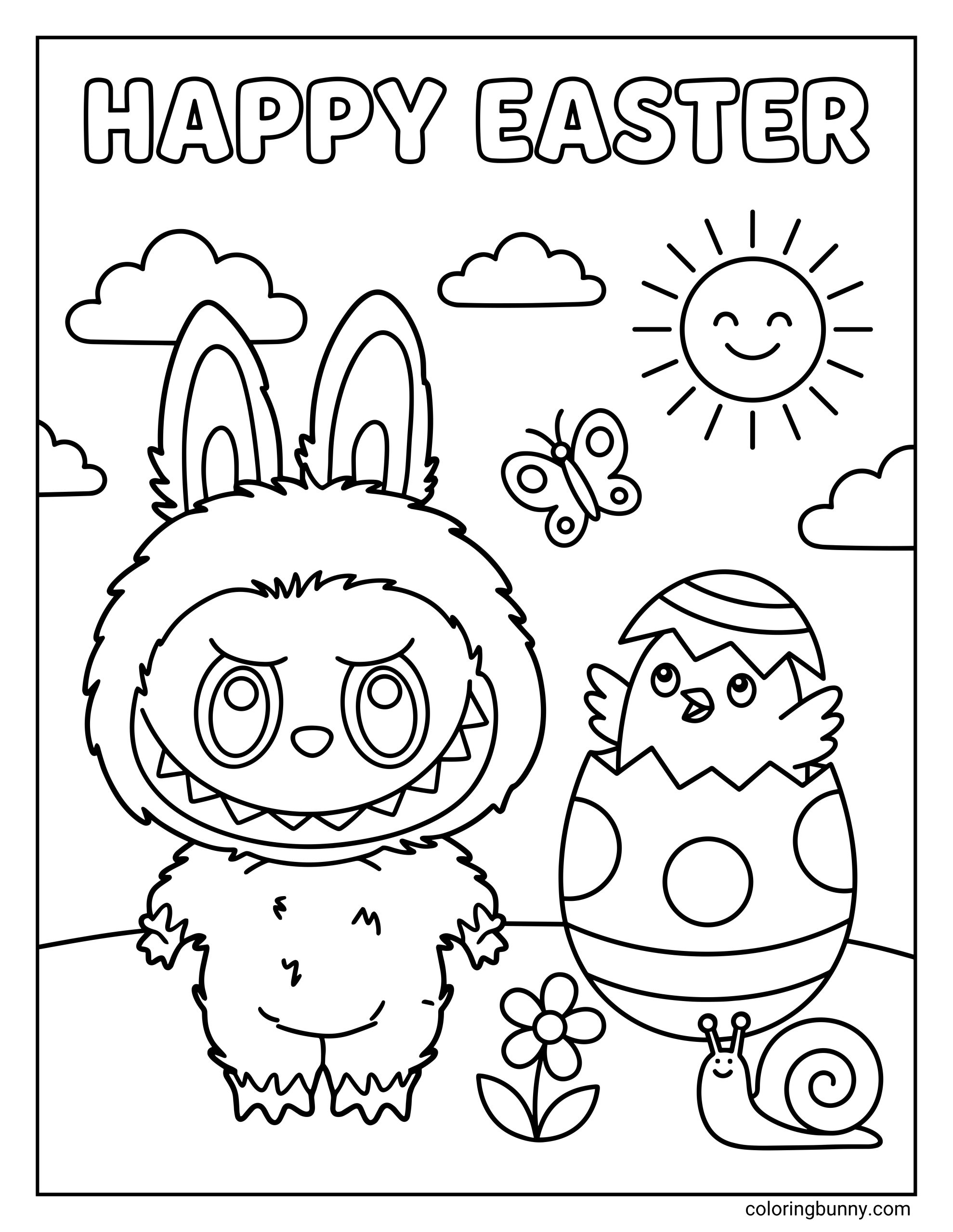 An easy Labubu Easter coloring page showing Labubu standing next to a baby chick emerging from a cracked decorated egg, with a “Happy Easter” title overhead and a simple spring scene with clouds, sunshine, a butterfly, a flower, and a snail.