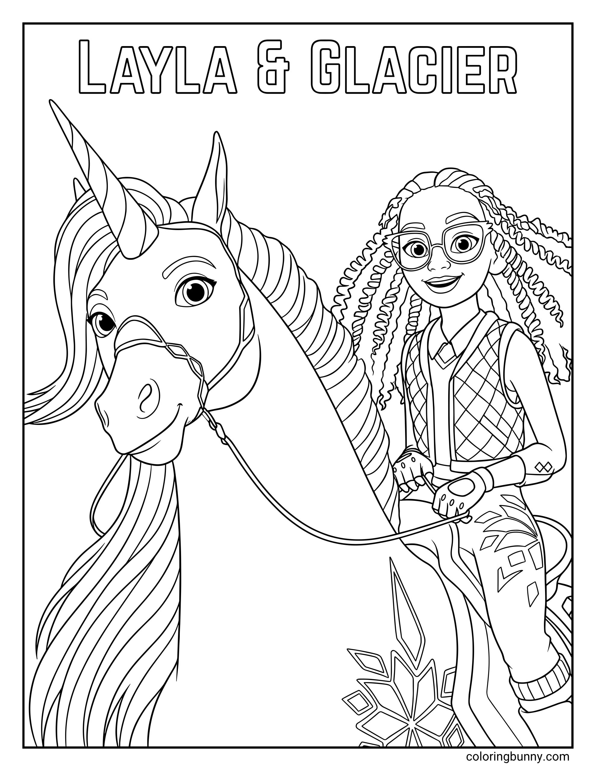Layla and Glacier Unicorn Academy coloring page featuring Layla wearing glasses and a quilted vest riding Glacier, who has a large snowflake marking on his shoulder and a flowing mane.