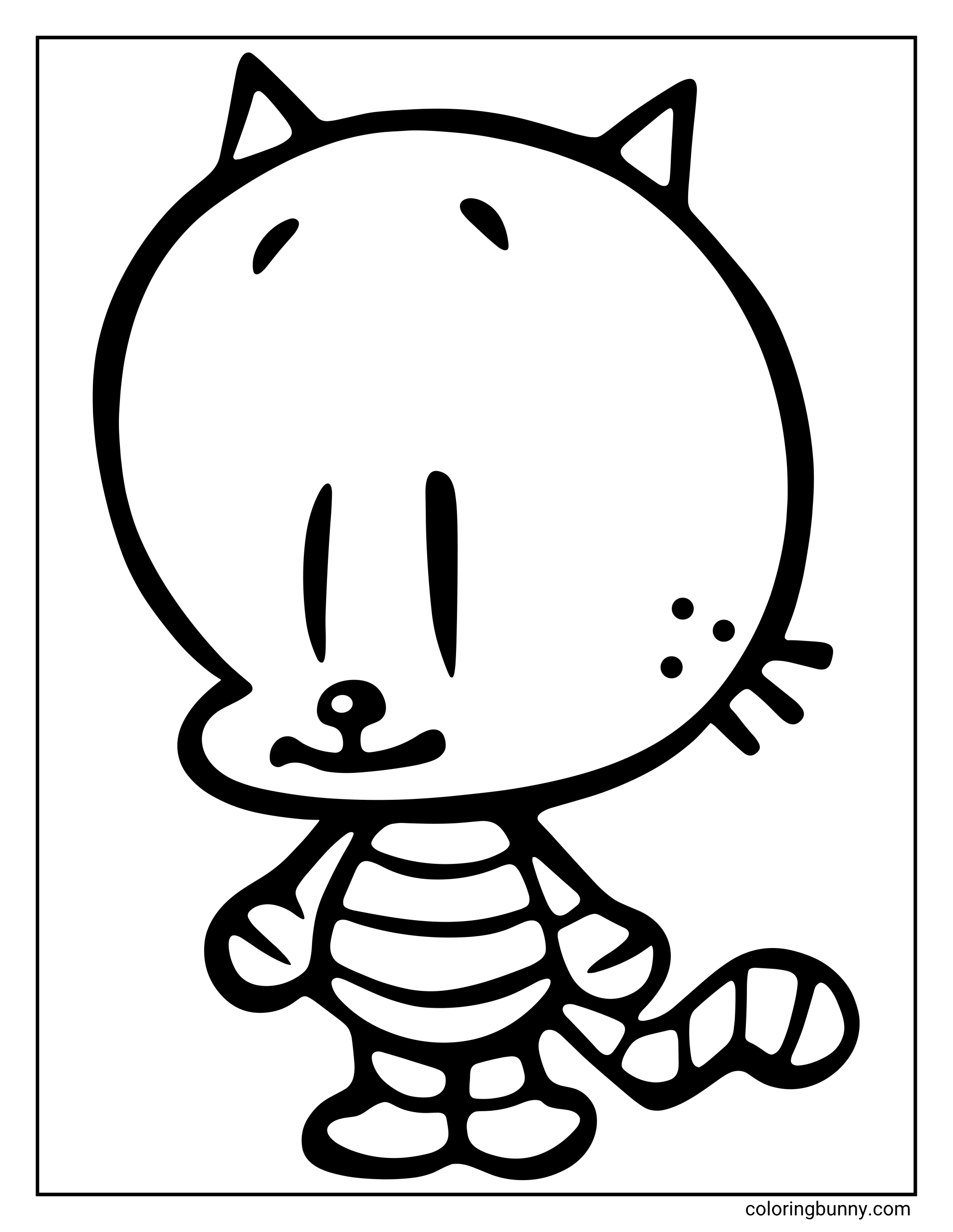A Li’l Petey coloring page of the small cat character standing in a simple front-facing pose with a large round head and striped outfit. His tiny ears, whiskers, striped tail, and clean cartoon lines make the design especially cute and easy for kids to color.