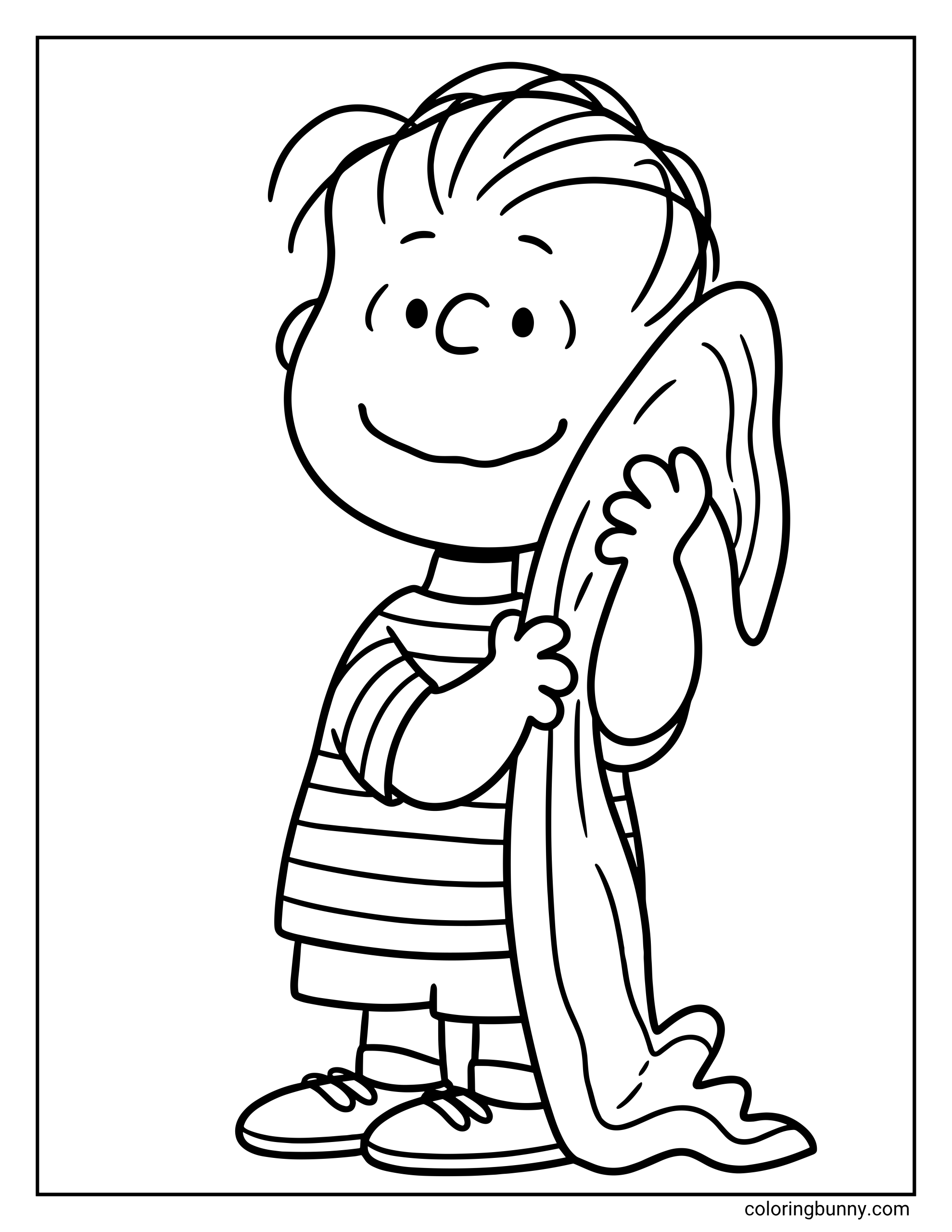 Linus van Pelt coloring page showing the Peanuts character Linus standing and holding his blanket, wearing a striped shirt, shorts, socks, and shoes in a simple black-and-white outline design.