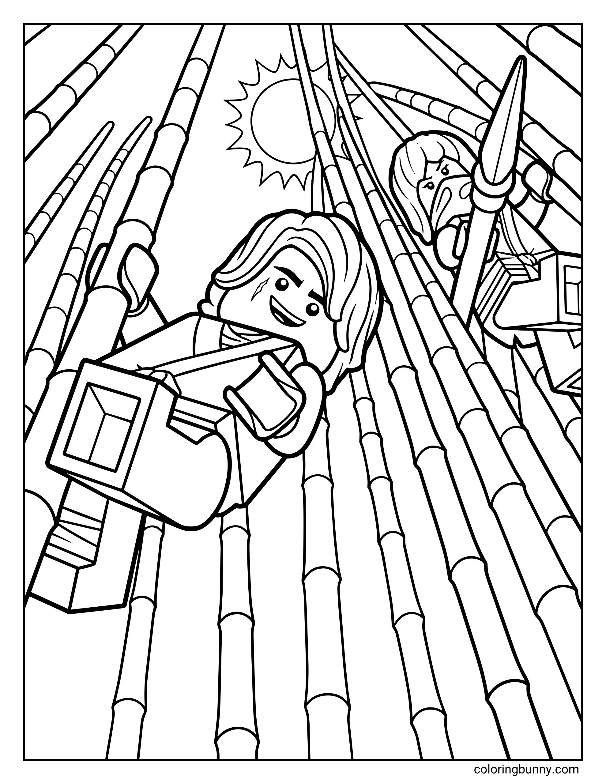 A LEGO Ninjago coloring page of Lloyd and Nya navigating through a dense bamboo forest with the sun shining brightly above them. The scene is drawn from a dramatic low angle, showing Lloyd smiling as he swings through the stalks while Nya keeps a sharp lookout with her spear.