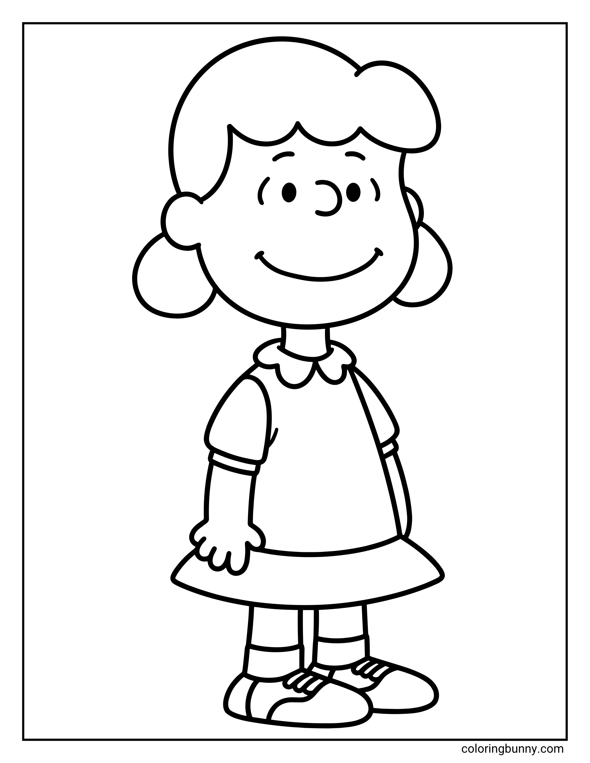 Lucy van Pelt coloring page showing the Peanuts character Lucy standing alone with a smile, wearing her simple dress, socks, and shoes in a clean black-and-white outline design.