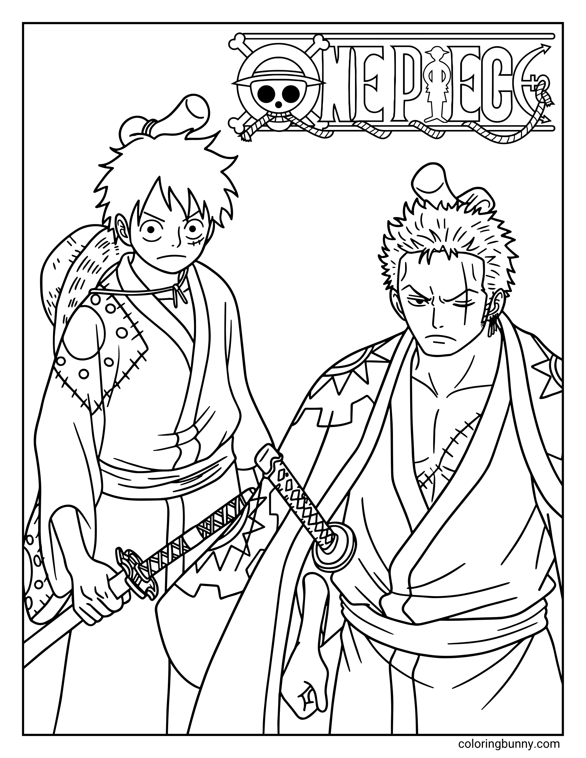 A Monkey D. Luffy and Roronoa Zoro One Piece coloring page showing the Straw Hat captain and his swordsman standing ready for battle. Luffy wears his straw hat and grips a sword, while Zoro stands beside him with a serious expression and his katana at his side beneath the One Piece logo.