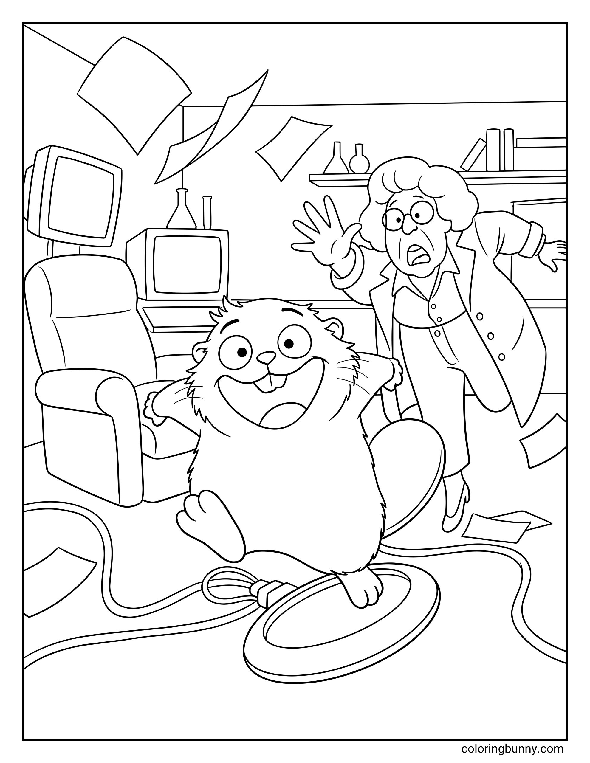 A Hoppers coloring page showing Mabel the beaver escaping from a laboratory while Dr. Sam reaches out behind her in surprise. Papers swirl through the air as lab computers, glass bottles, and equipment sit on desks and shelves, while a loose cable trails across the floor as Mabel happily runs toward freedom.