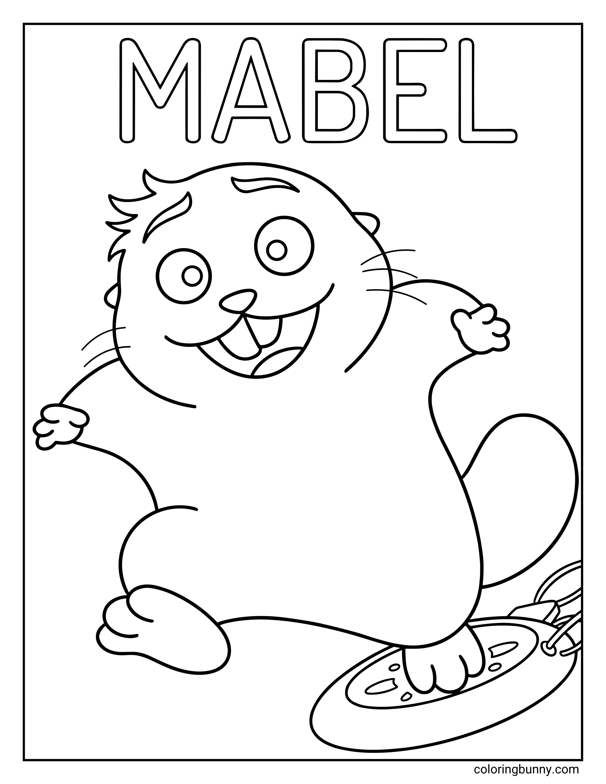 A Hoppers coloring page featuring Mabel the beaver happily running forward with a big smile on her face. The title “Mabel” appears above her as she steps over a hopper pad on the ground, showing her fluffy fur, buck teeth, and round tail as she moves with excitement.