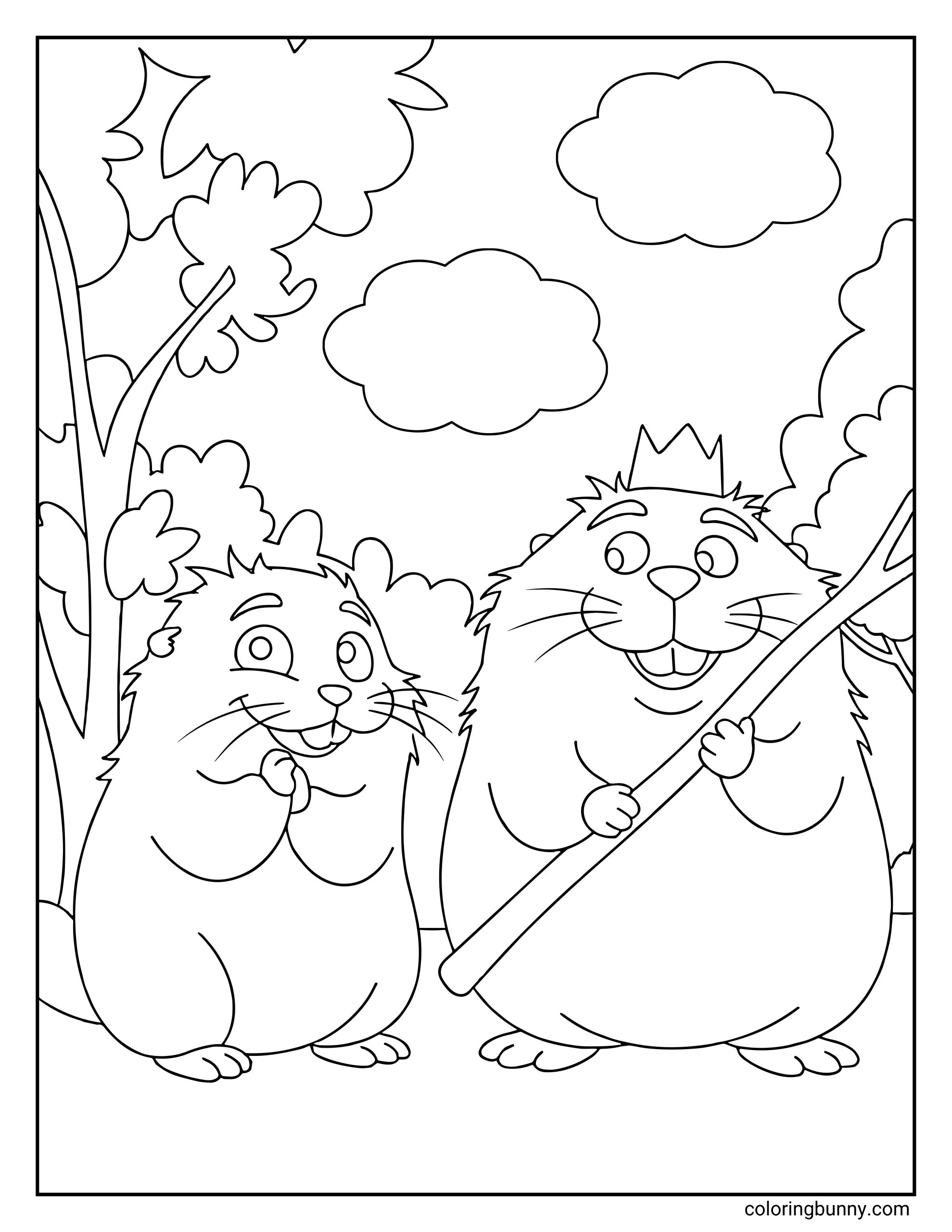 A Disney Hoppers coloring page showing Mabel the beaver standing beside King George the beaver in a forest setting. King George wears a crown and holds a stick while smiling proudly, as Mabel looks up excitedly with trees and fluffy clouds in the background.