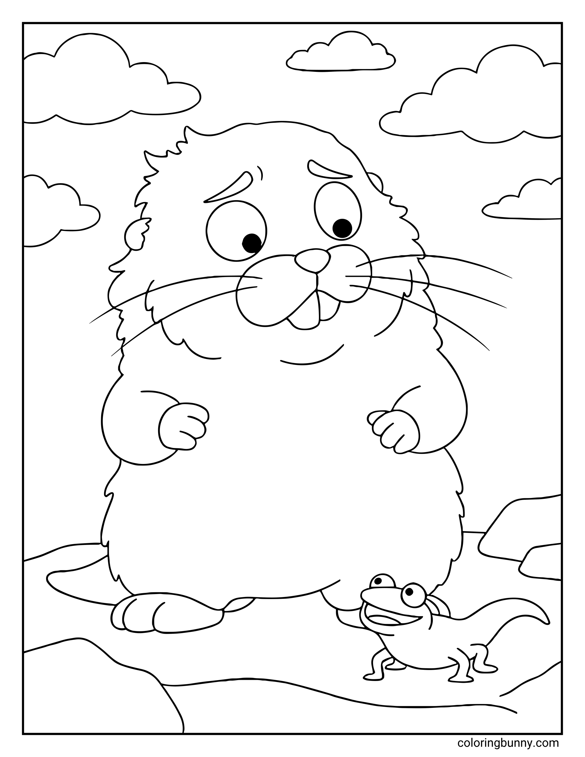 A Hoppers coloring page showing Mabel the beaver standing outdoors with a slightly worried expression while Tom the lizard stands beside her looking cheerful and energetic. The two characters are surrounded by rocks and fluffy clouds, highlighting their size difference as small Tom looks up at the much larger Mabel.