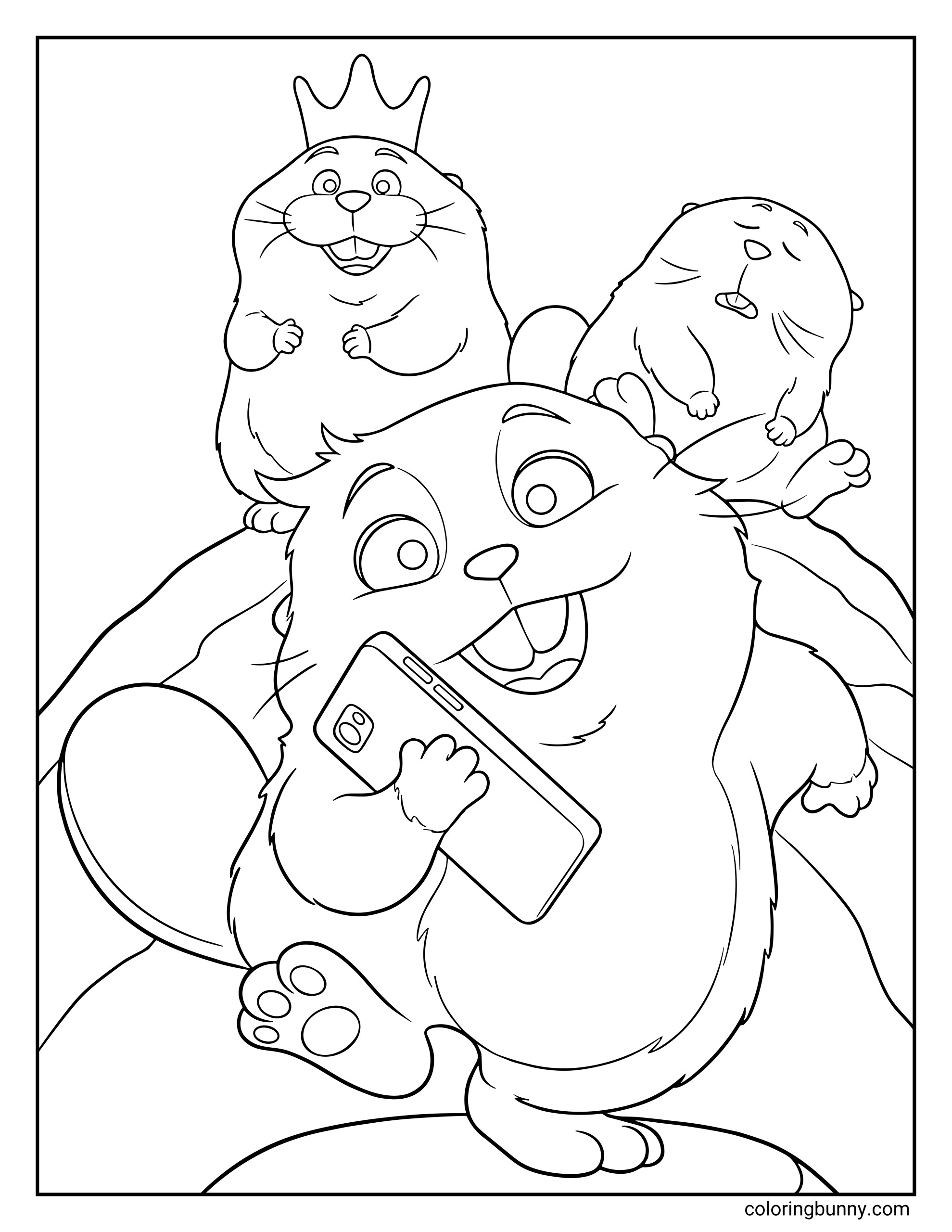 A Disney Hoppers coloring page showing Mabel the beaver happily holding a smartphone while standing in the foreground. Behind her, King George the beaver wearing a crown stands proudly while Loaf the beaver sits nearby looking sleepy, creating a fun scene of the three beavers together.