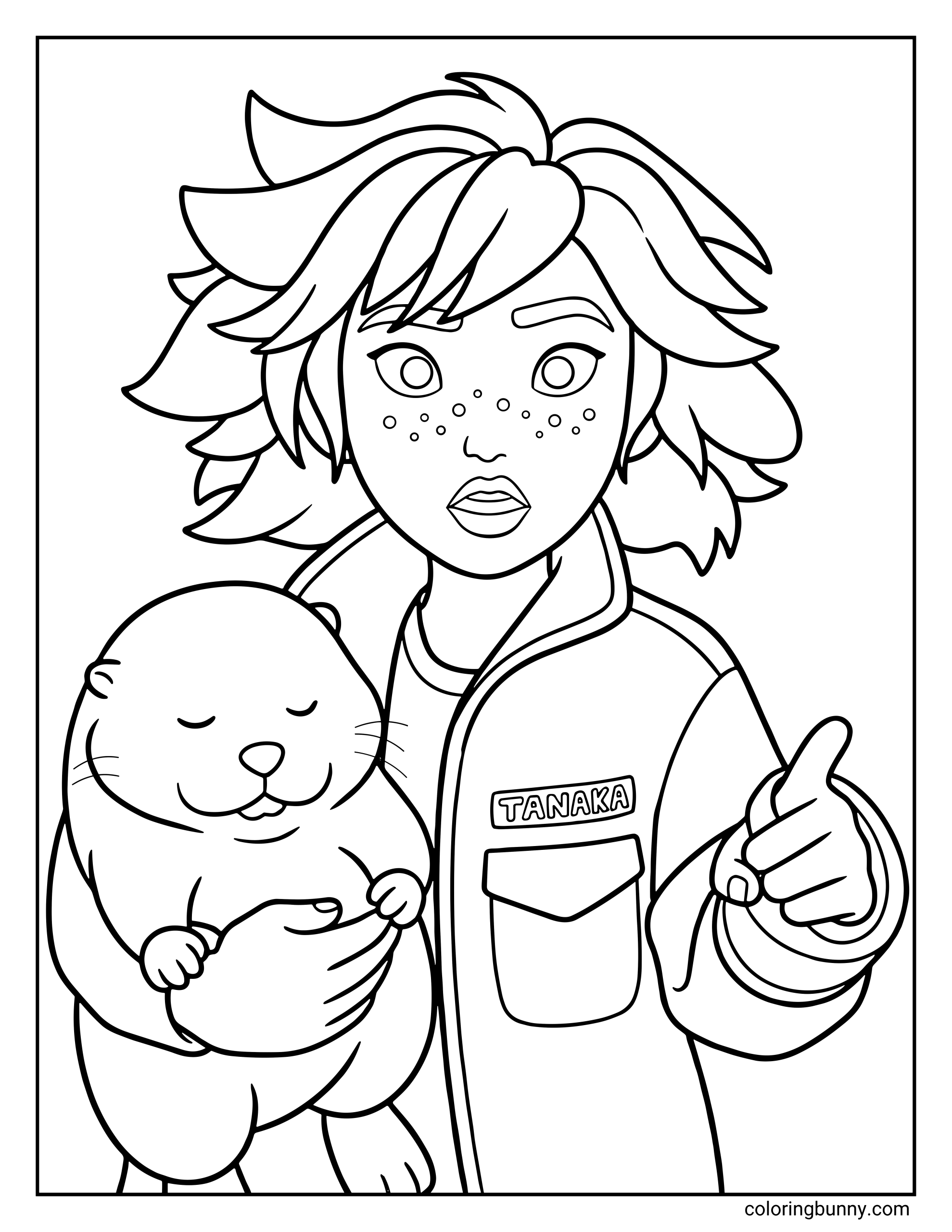 A Hoppers coloring page showing Mabel Tanaka holding a beaver in her arms while pointing forward. Mabel wears a jacket with her name on it and has messy hair and freckles, while the beaver looks calm and sleepy as it rests comfortably in Mabel’s hands.