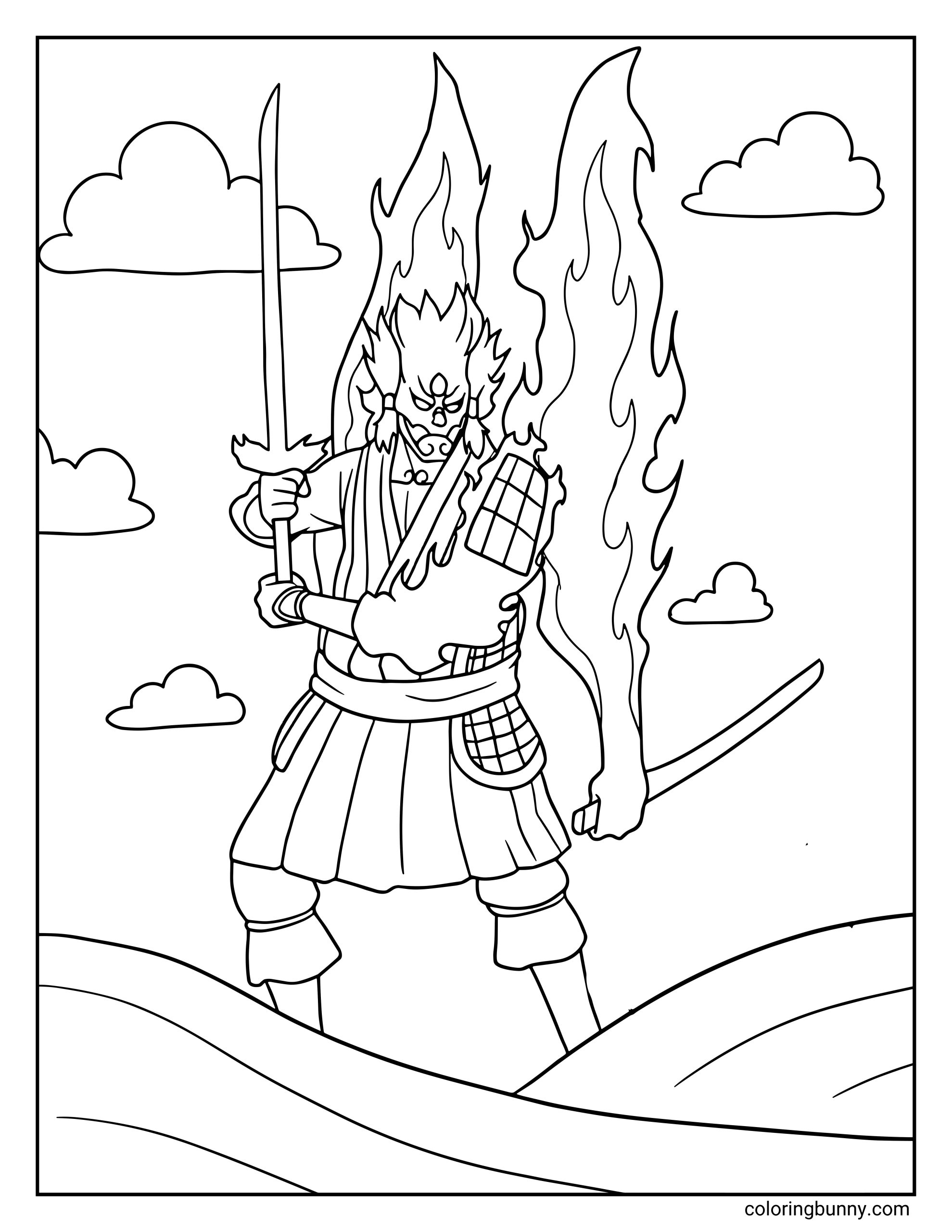 A Naruto coloring page featuring Madara Uchiha standing in front of his towering Susanoo warrior with blazing chakra flames rising behind them. Madara holds a weapon while the massive armored Susanoo looms protectively over him, representing the overwhelming power of the Uchiha clan seen in Naruto: Shippuden.