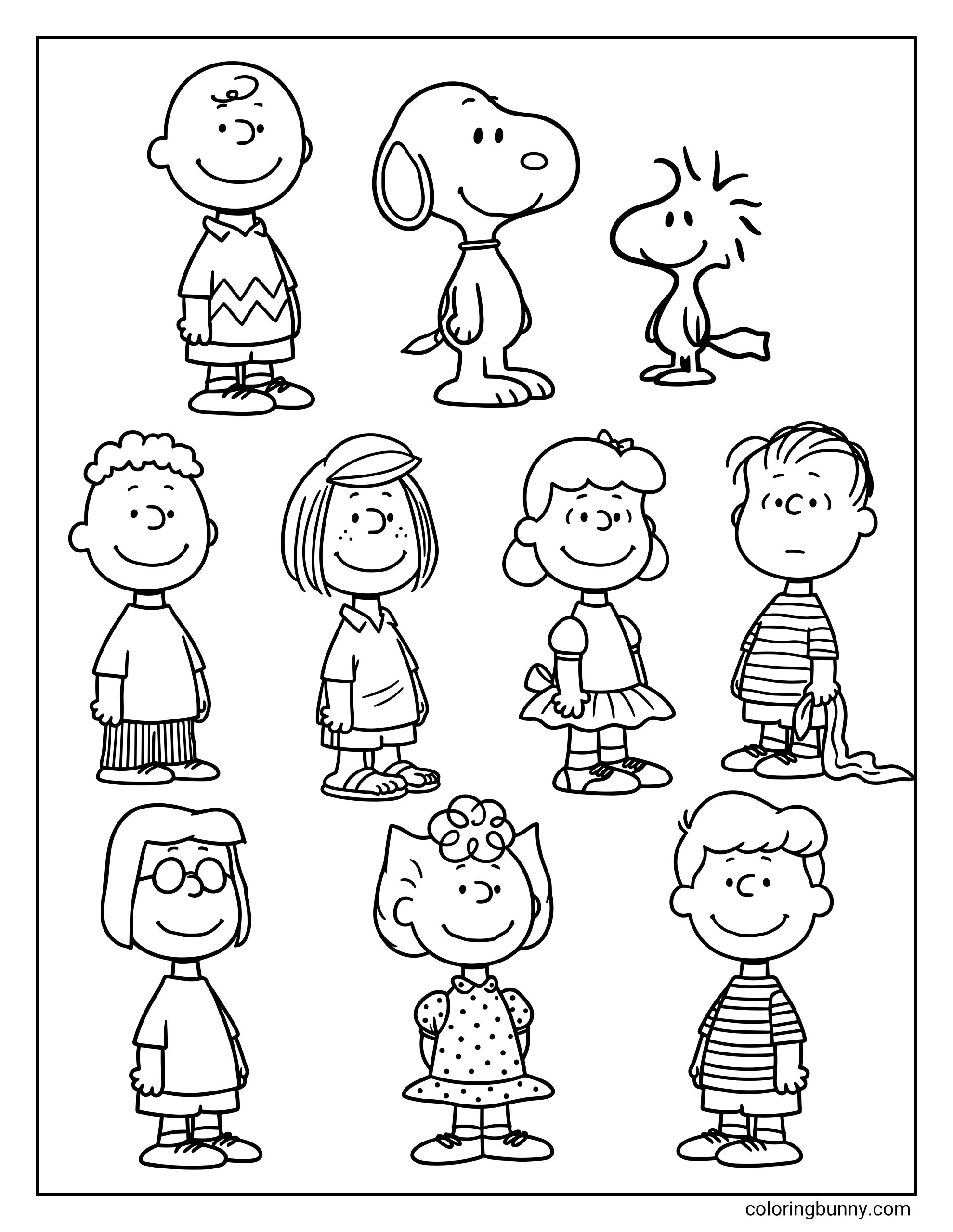 Peanuts characters coloring page of all the main characters arranged in rows, with Charlie Brown, Snoopy, Woodstock, Lucy, Linus, Sally, Peppermint Patty, Marcie, and Schroeder all shown in simple full-body outline drawings.