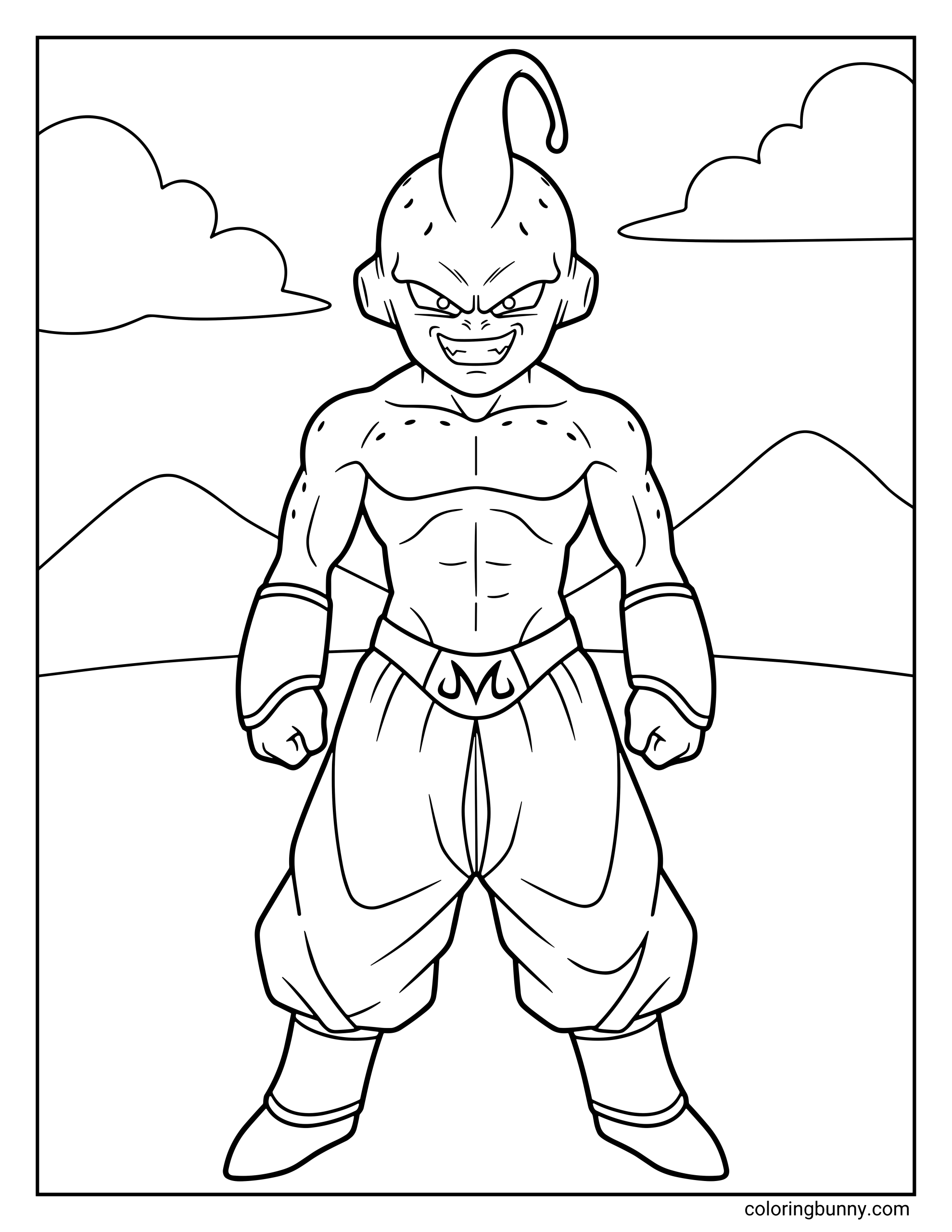 A simple Dragon Ball Z coloring page featuring Majin Buu standing confidently with a mischievous grin. The villain stands with clenched fists as mountains and clouds appear behind him on the battlefield.
