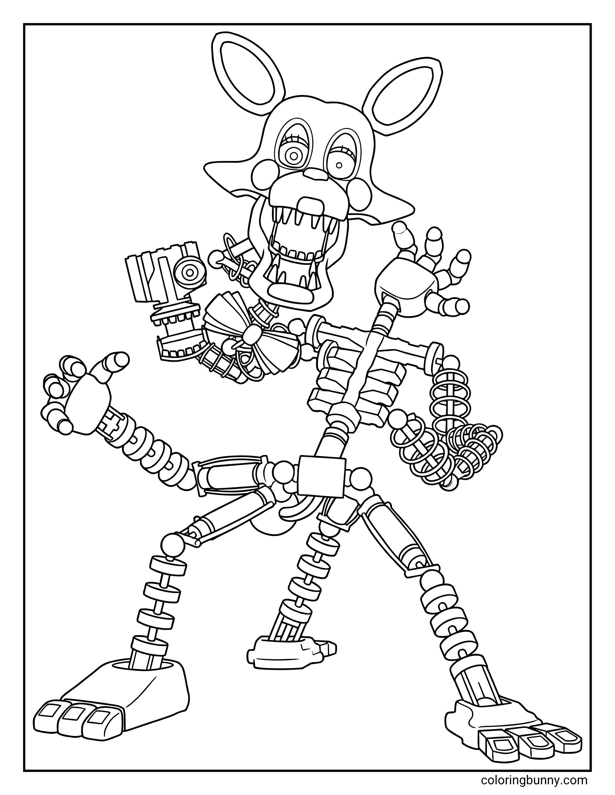 Mangle FNAF coloring page featuring a tangled animatronic fox with two heads, wires, and a bow tie.