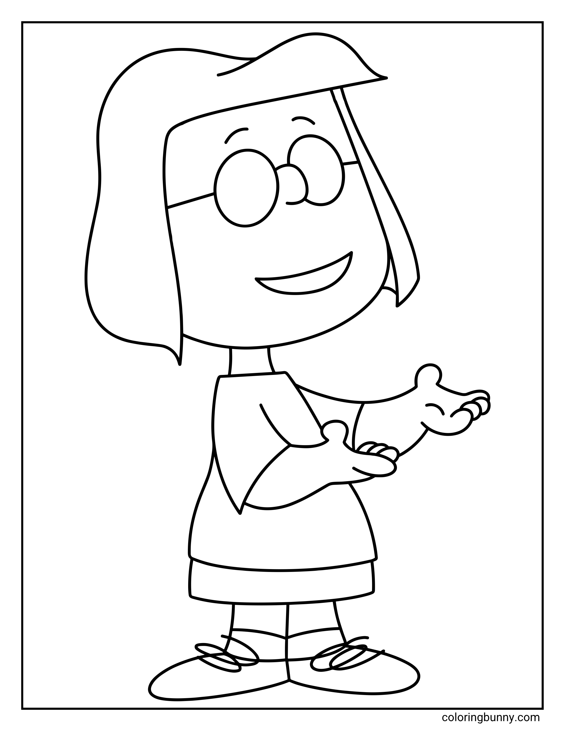 Marcie coloring page showing the Peanuts character Marcie standing alone with round glasses, a simple dress, socks, and shoes.