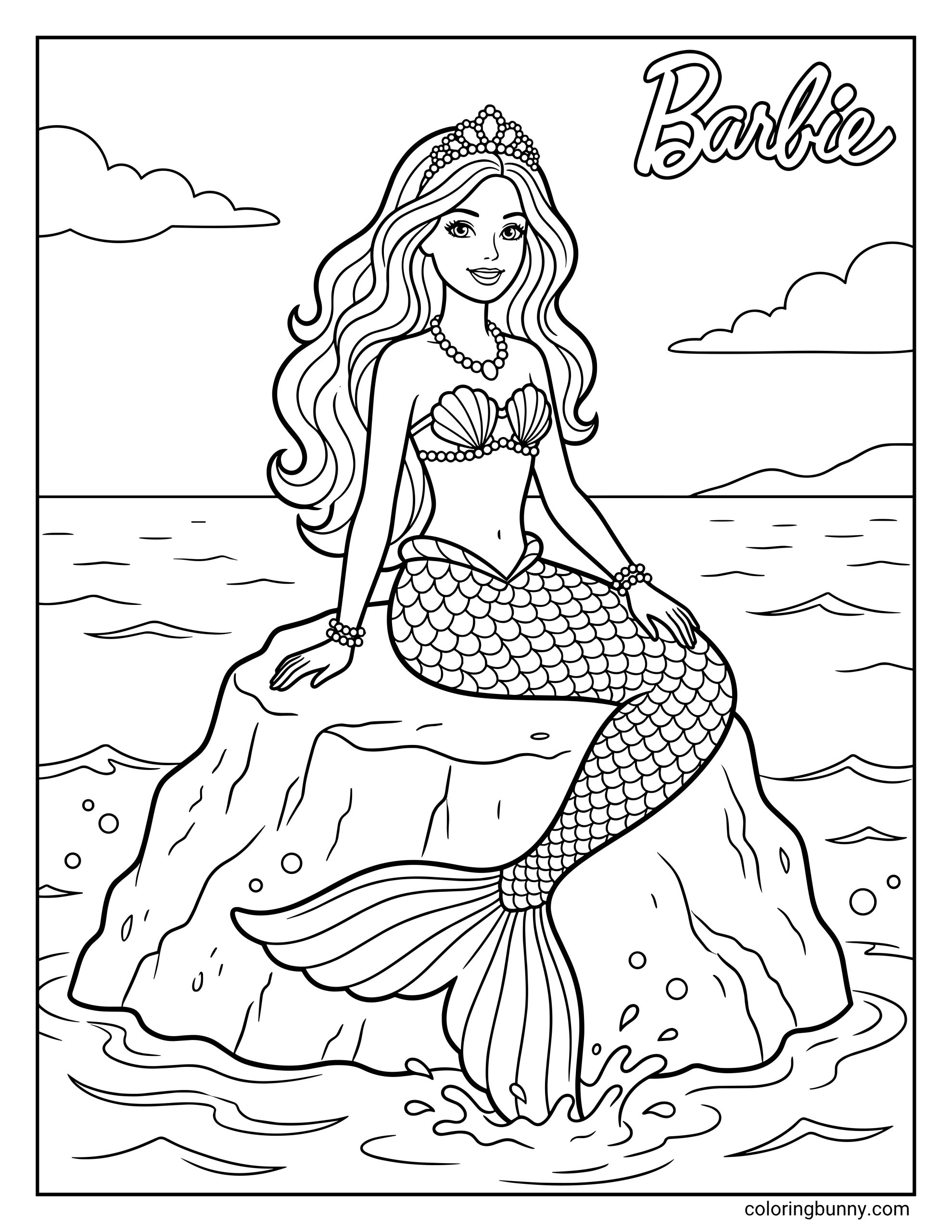 A coloring sheet of Mermaid Barbie sitting above the water on a large rock, with her tail curled beside her and the fin splashing below. The ocean background, small bubbles, and fish add a fun beachy setting around her.