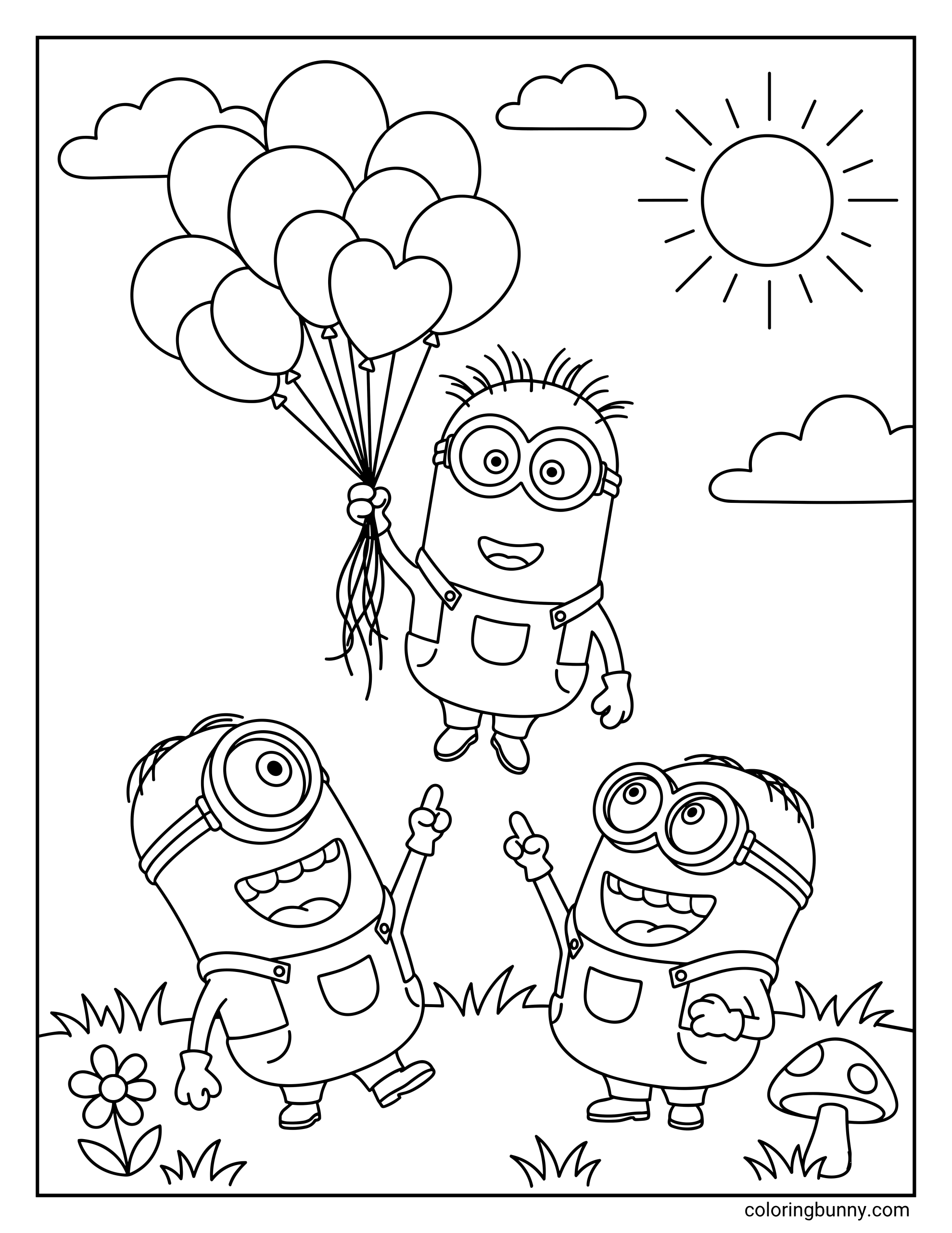 A Minions coloring page featuring Kevin floating into a sunny sky while clutching a large bunch of balloons. Below him on the grass, Stuart and Bob point and cheer as their friend drifts past clouds and a smiling sun.