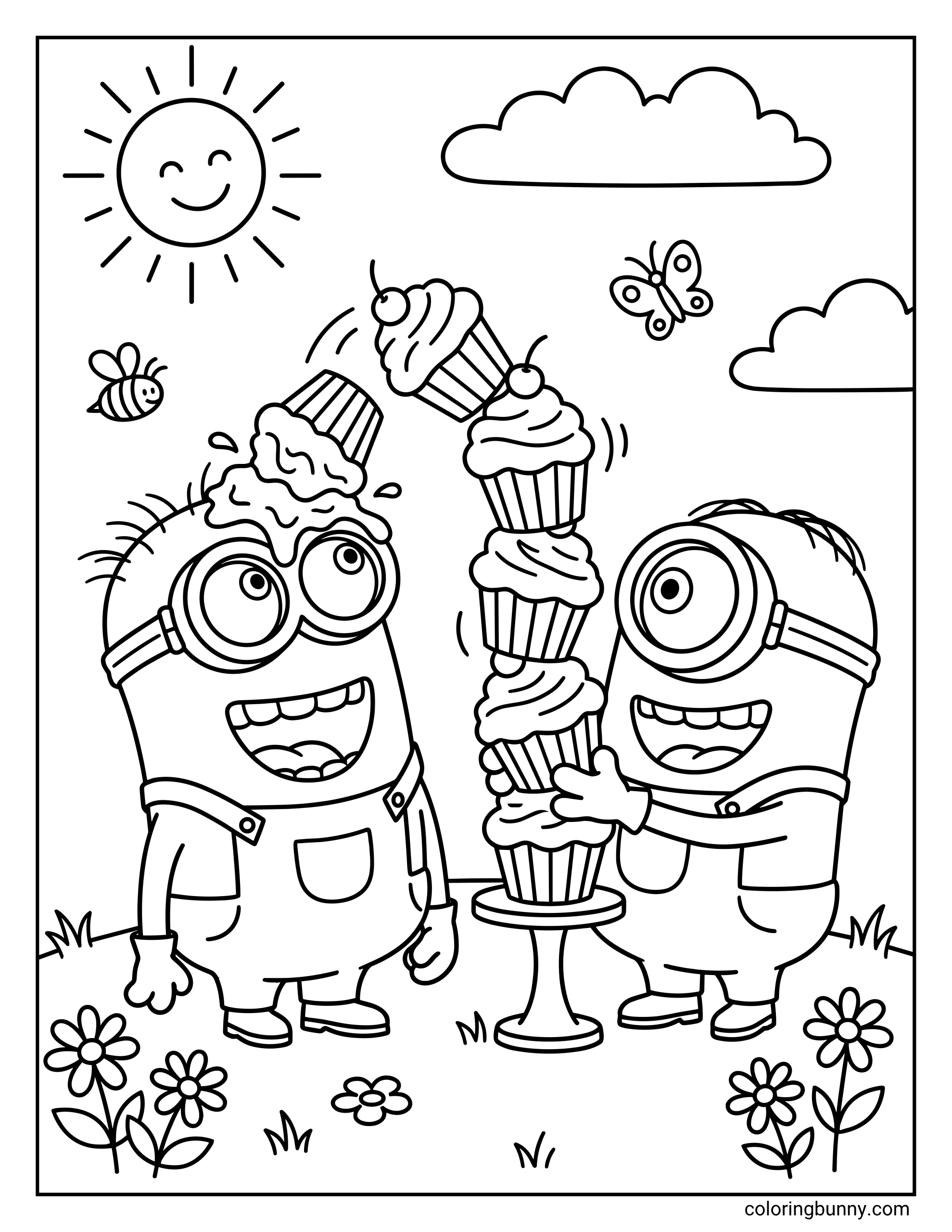 A Minions coloring page featuring Stuart balancing a wobbly tower of cupcakes while Kevin stands next to him with a cupcake splattered on his head. They are in a flowery field under a bright sun, joined by a buzzing bee and a friendly butterfly.