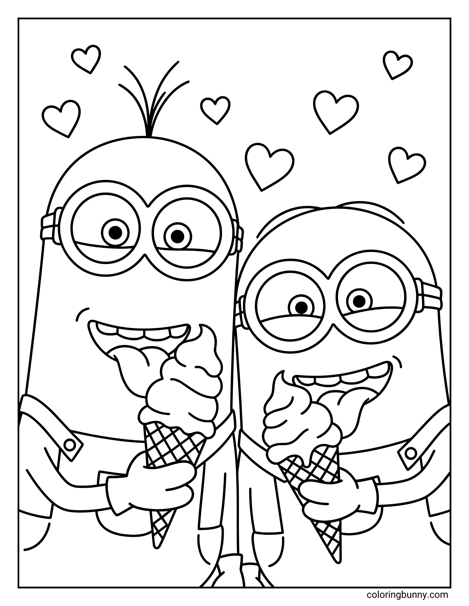 A Minions coloring page from featuring Kevin and Bob happily licking large soft-serve ice cream cones. They are surrounded by floating hearts, showing their pure love for the dessert as they stand together in their denim overalls.