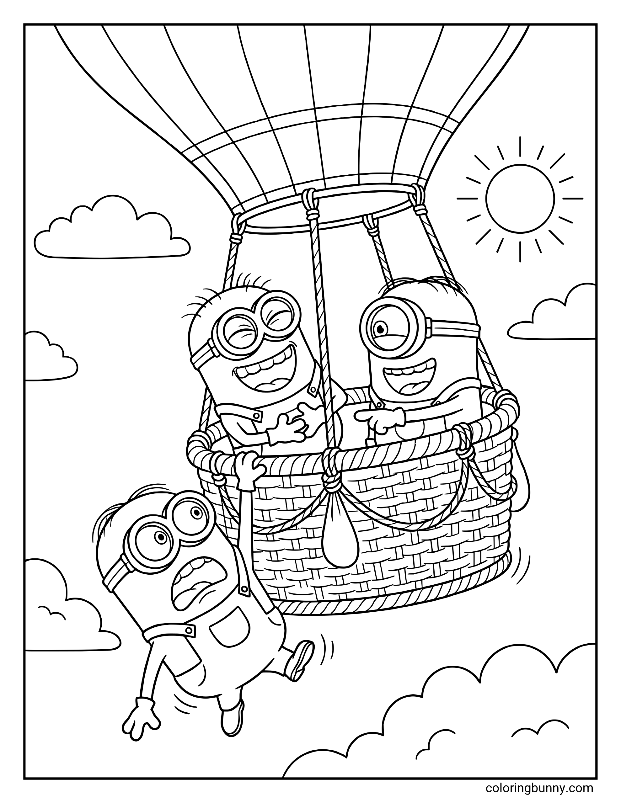 A Minions coloring page showing Kevin and Stuart laughing inside a hot air balloon basket while a worried Bob dangles from the edge. They are floating high in a sunny sky filled with fluffy clouds as they drift along on their latest adventure.