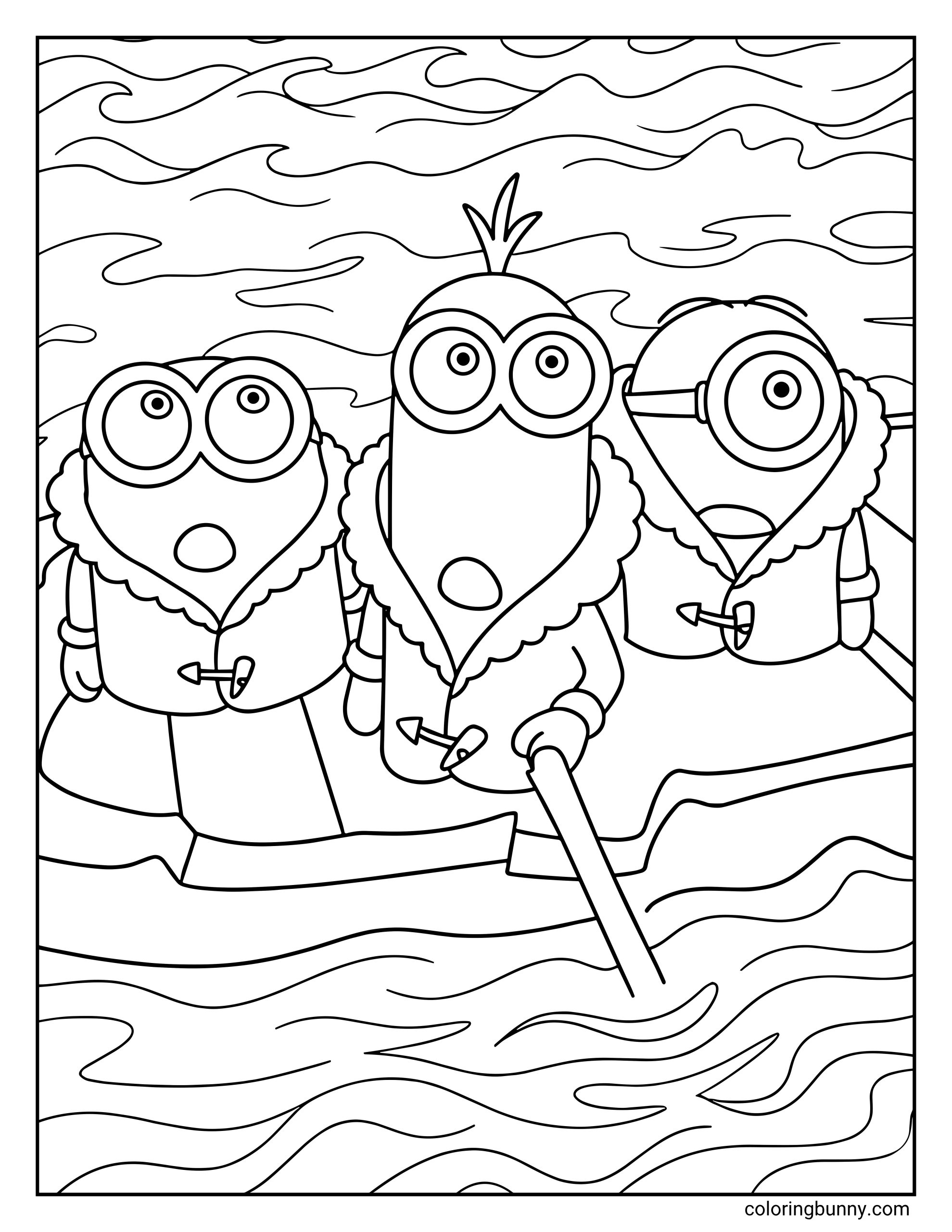 A Minions coloring page featuring Kevin, Stuart, and Bob from Minions & Monsters, riding together in a small boat on wavy water. They wear warm coats and look surprised as Kevin rows while Stuart and Bob sit beside him under a cloudy sky.