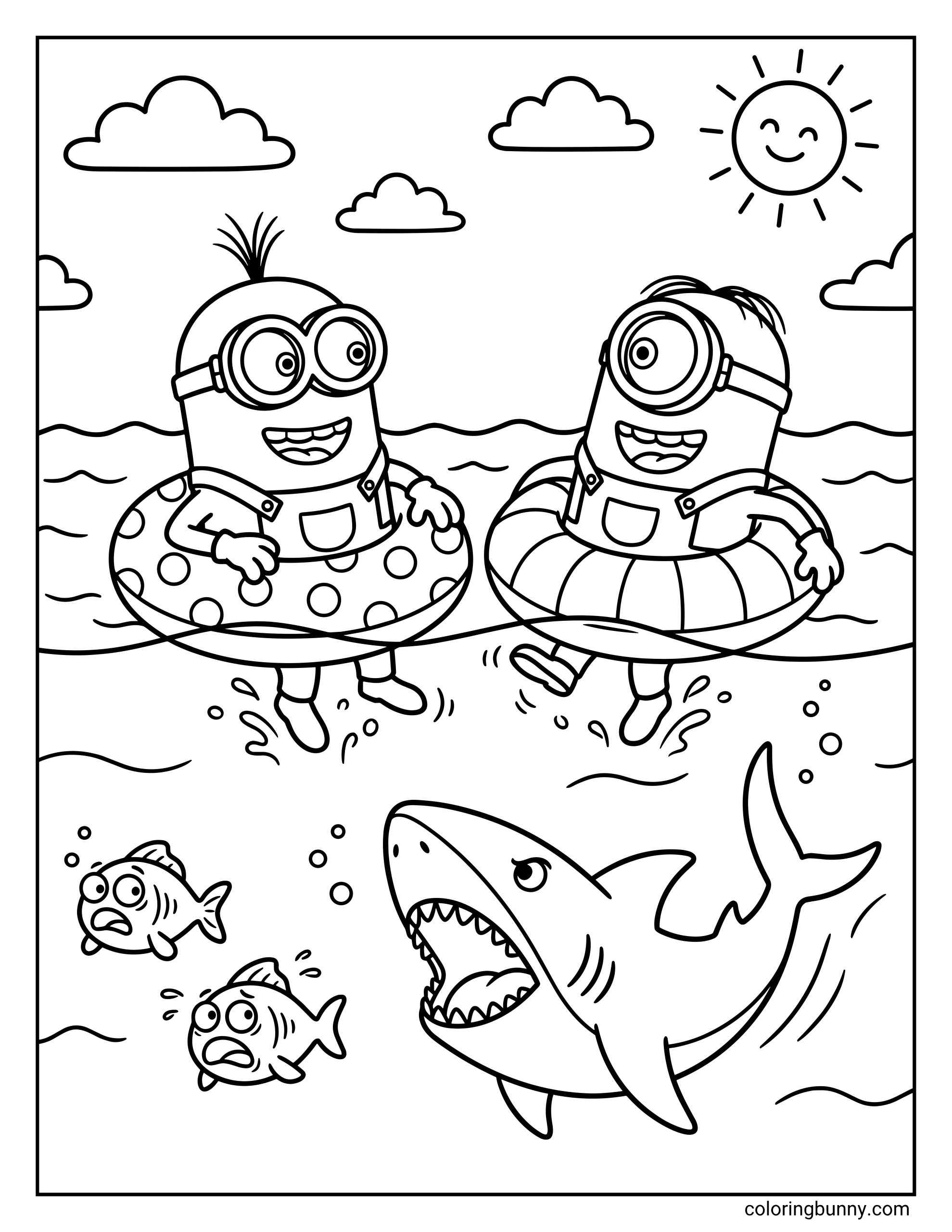A Minions coloring page featuring Kevin and Stuart floating on the ocean surface with pool rings under a bright, smiling sun. Beneath the waves, a shark with sharp teeth chases two little fish, while the Minions remain blissfully unaware of the action below.