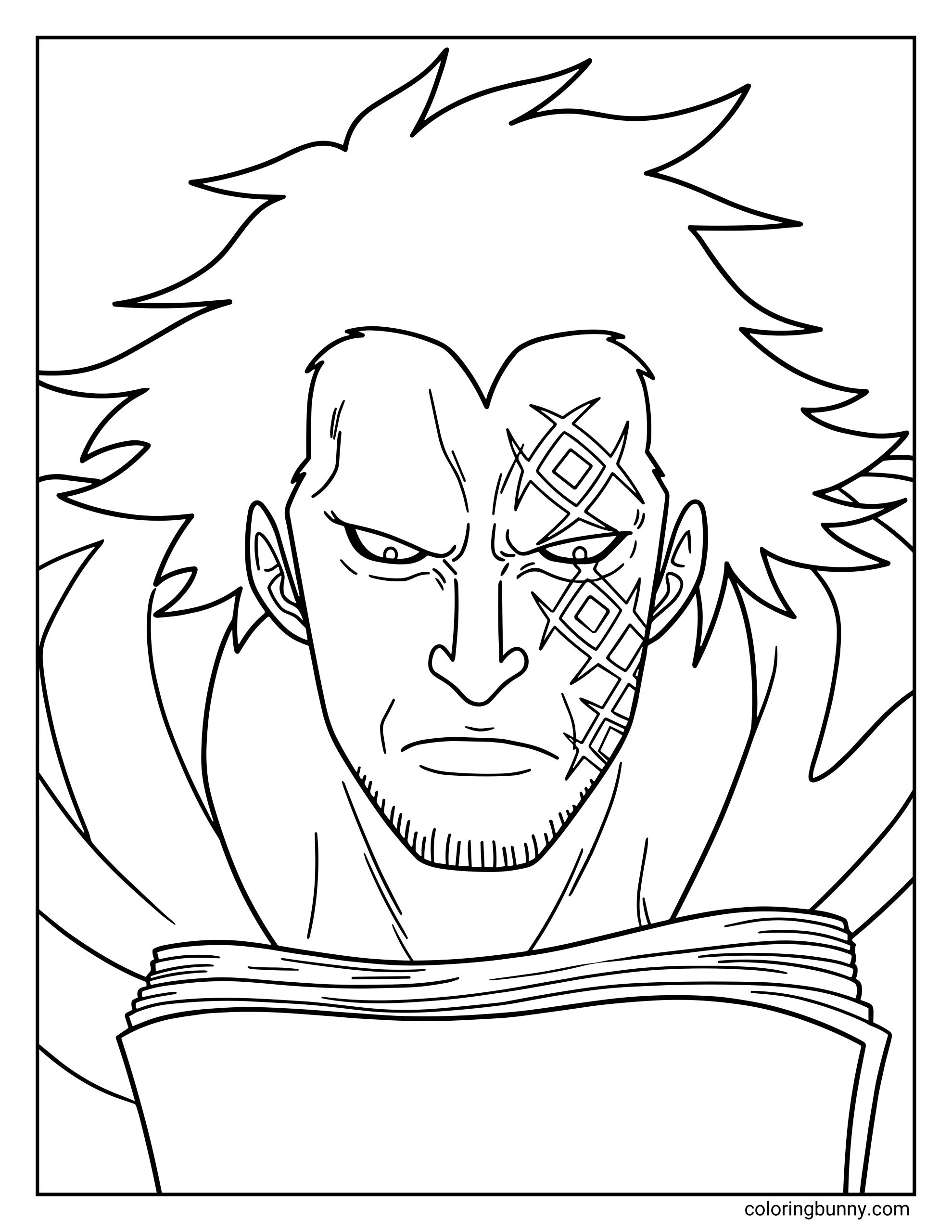 A Monkey D. Dragon One Piece coloring page showing the mysterious leader of the Revolutionary Army with his intense expression and distinctive facial tattoo. With wild hair and a heavy cloak around his shoulders, Dragon stands powerfully while holding an open book.