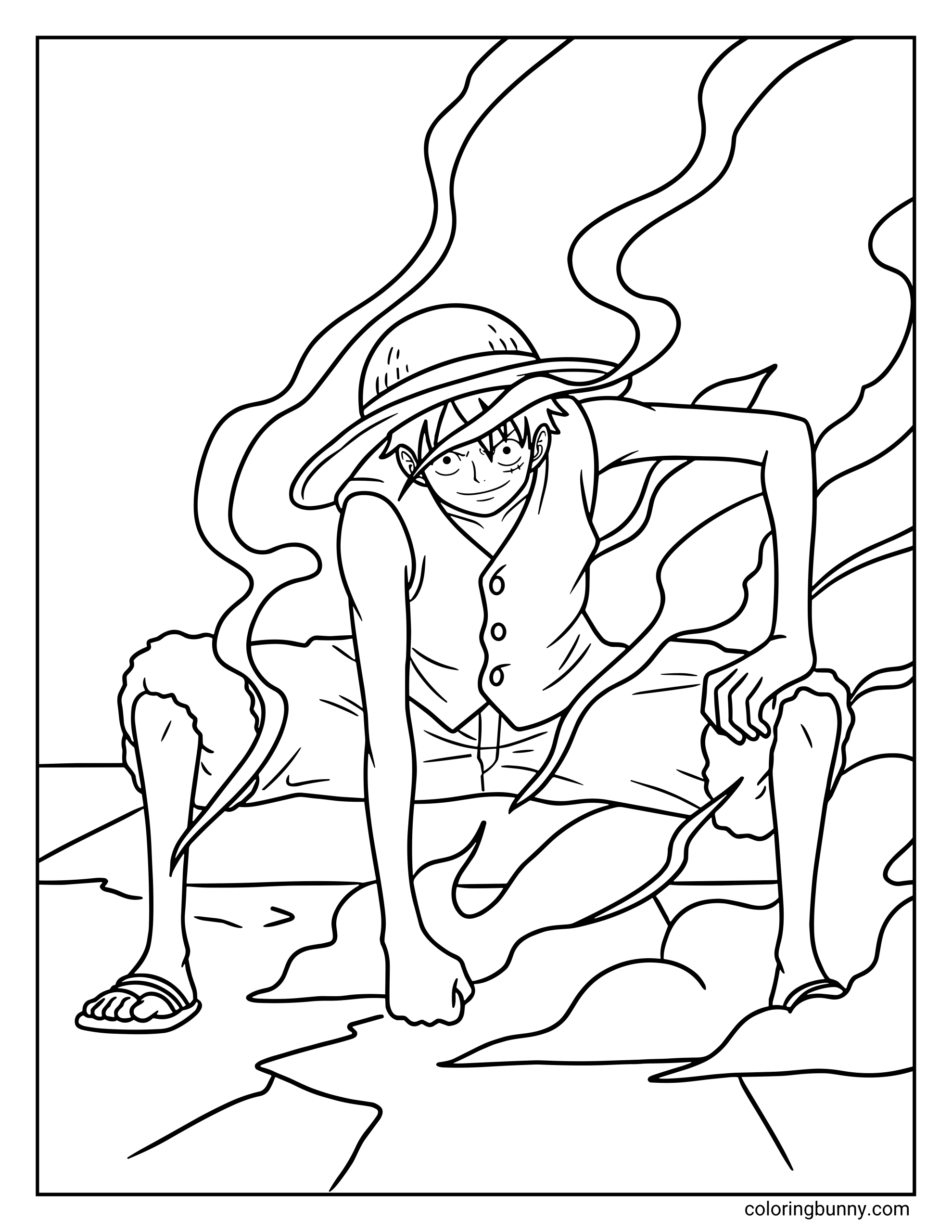 A Monkey D. Luffy One Piece coloring page showing Luffy in his Gear 2 transformation crouching low with steam swirling around his body. Wearing his straw hat, vest, shorts, and sandals, Luffy looks determined as the steam rises from his arms and legs, signaling the powerful speed boost of Gear Second.
