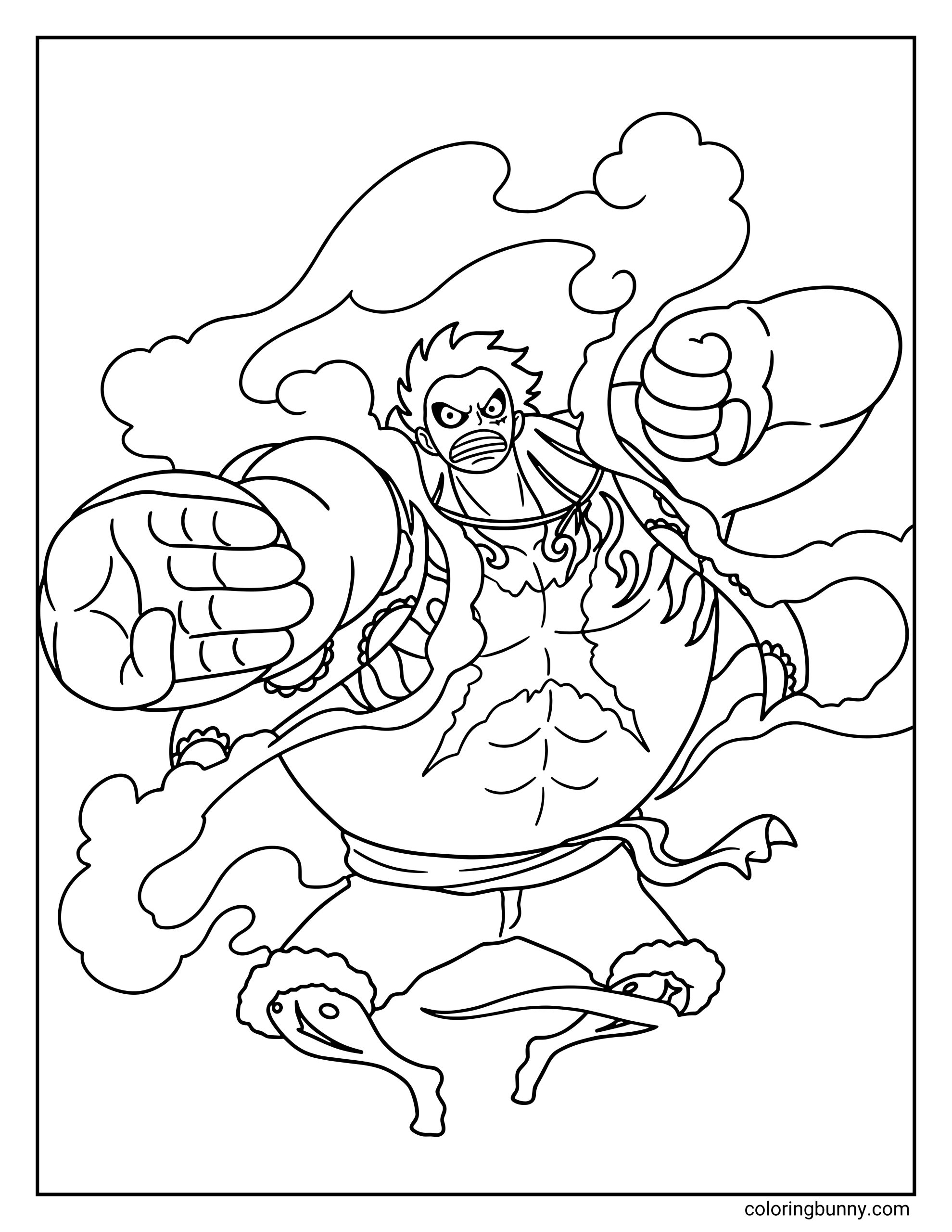 A Monkey D. Luffy One Piece coloring page showing Luffy in his Gear 4 Boundman transformation with his muscular body inflated and steam swirling around him. With powerful fists raised and an intense expression, Luffy prepares to unleash a devastating attack using his Haki-enhanced form.
