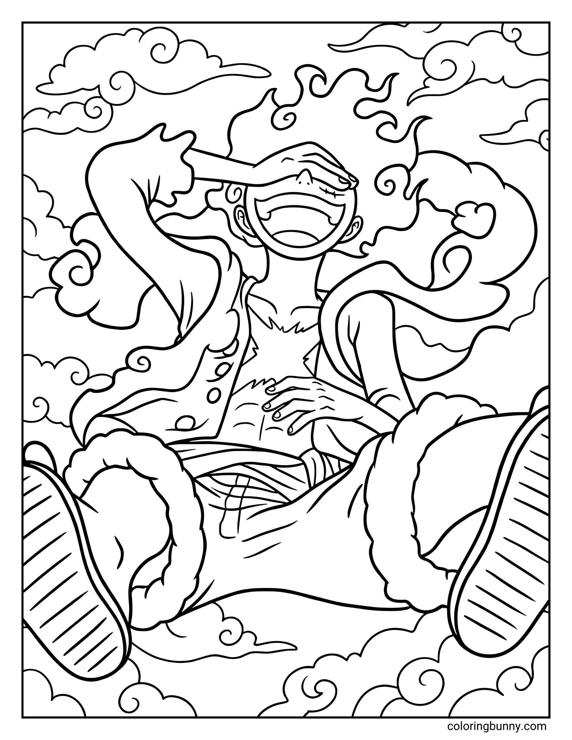 A Gear 5 Monkey D. Luffy One Piece coloring page showing Luffy laughing with his head tilted back while sitting among swirling clouds. His hair flows wildly upward in the awakened Gear 5 form, and his loose jacket, shorts, and sandals capture the playful, cartoon-like energy of Luffy’s most powerful transformation.