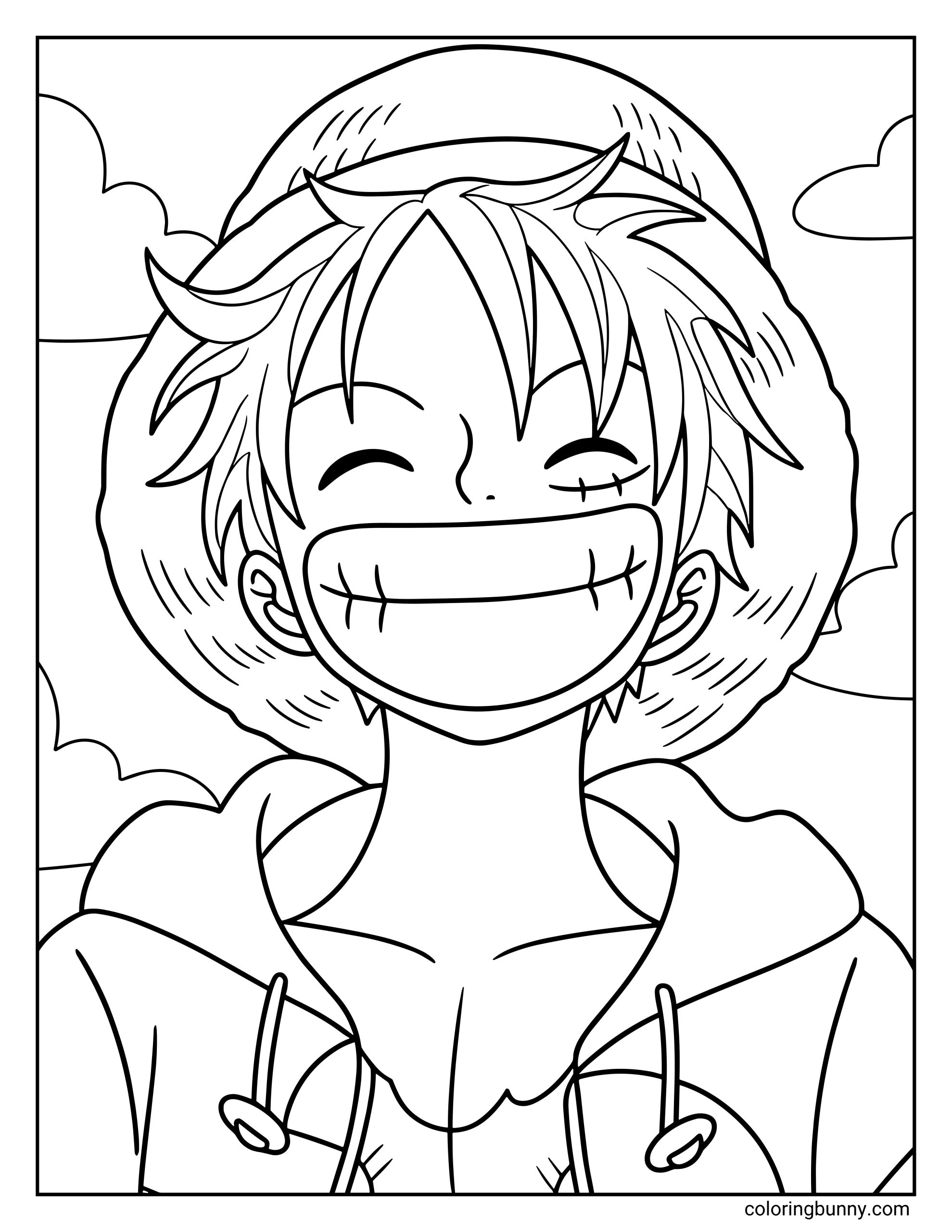 A Monkey D. Luffy One Piece coloring page showing Luffy smiling widely with his signature stitched grin and straw hat sitting behind his head. He stands relaxed with messy hair, a hoodie, and a sky with clouds behind him, capturing his cheerful and carefree pirate spirit.