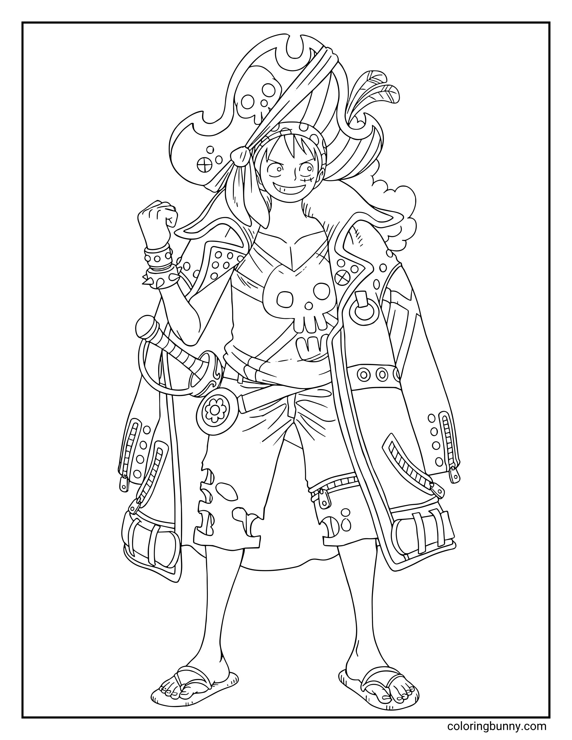 A Monkey D. Luffy One Piece Film: Red coloring page showing Luffy wearing his bold concert-style pirate outfit from the film. He stands confidently with a large feathered pirate hat, skull-emblem shirt, and decorated coat, raising his fist with an excited grin.