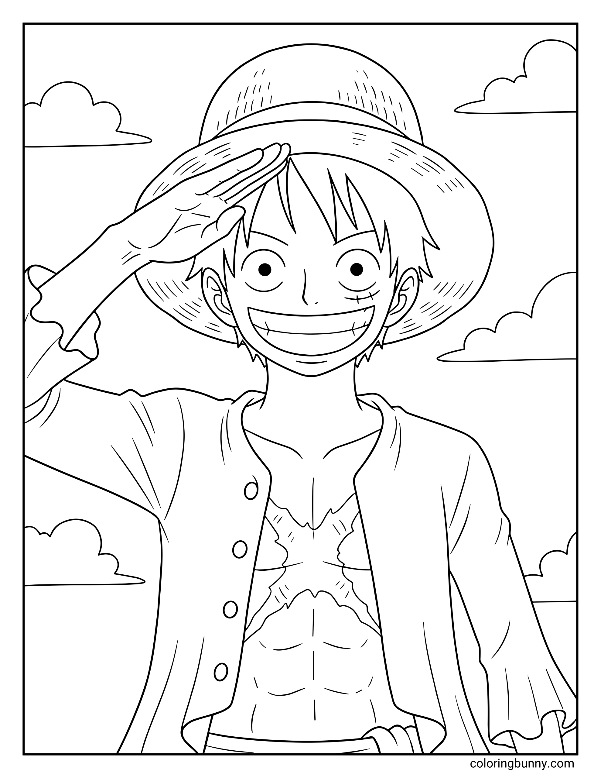 A Monkey D. Luffy One Piece coloring page showing Luffy smiling brightly while giving a playful salute with his hand at the brim of his straw hat. Wearing his open pirate vest and showing the scar on his chest, the Straw Hat captain stands under a sky with drifting clouds.