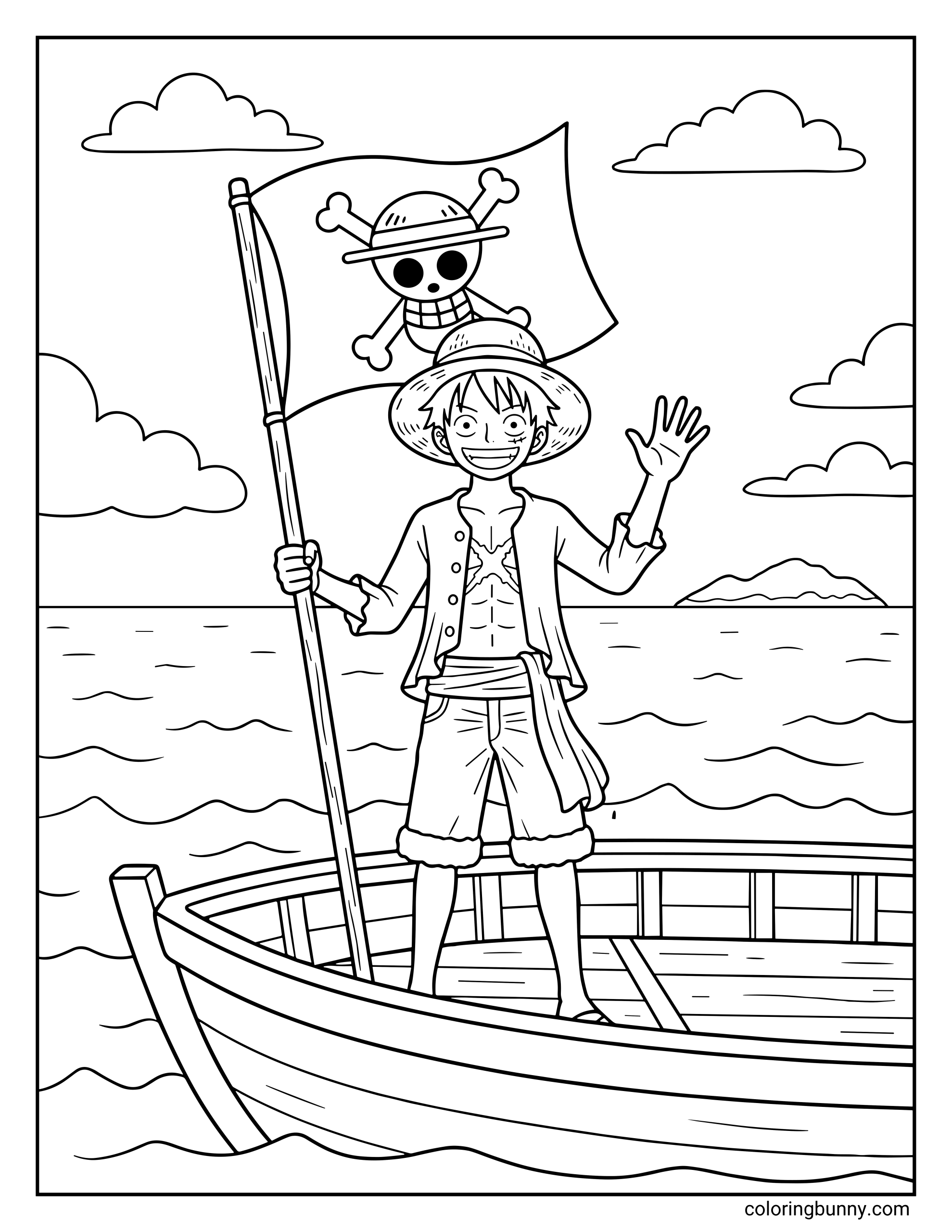 A Monkey D. Luffy One Piece coloring page showing Luffy standing on a small boat while holding the Straw Hat Pirates flag. Wearing his iconic straw hat, vest, and shorts, Luffy waves happily.
