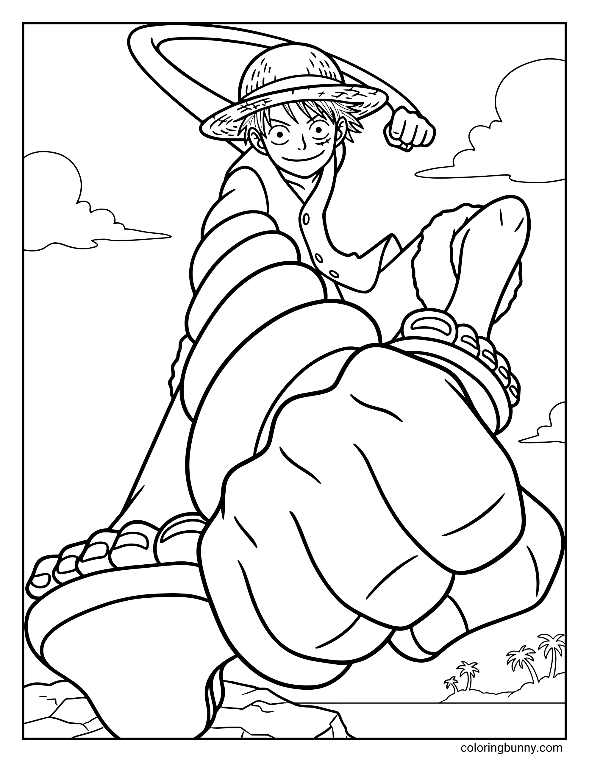 A Monkey D. Luffy One Piece coloring page showing Luffy launching a powerful punch with his stretchy arm extended far forward using his Gum-Gum Devil Fruit abilities. Wearing his iconic straw hat, vest, shorts, and sandals, Luffy leaps through the air as his rubber arm stretches toward the viewer with clouds and a small island in the background.
