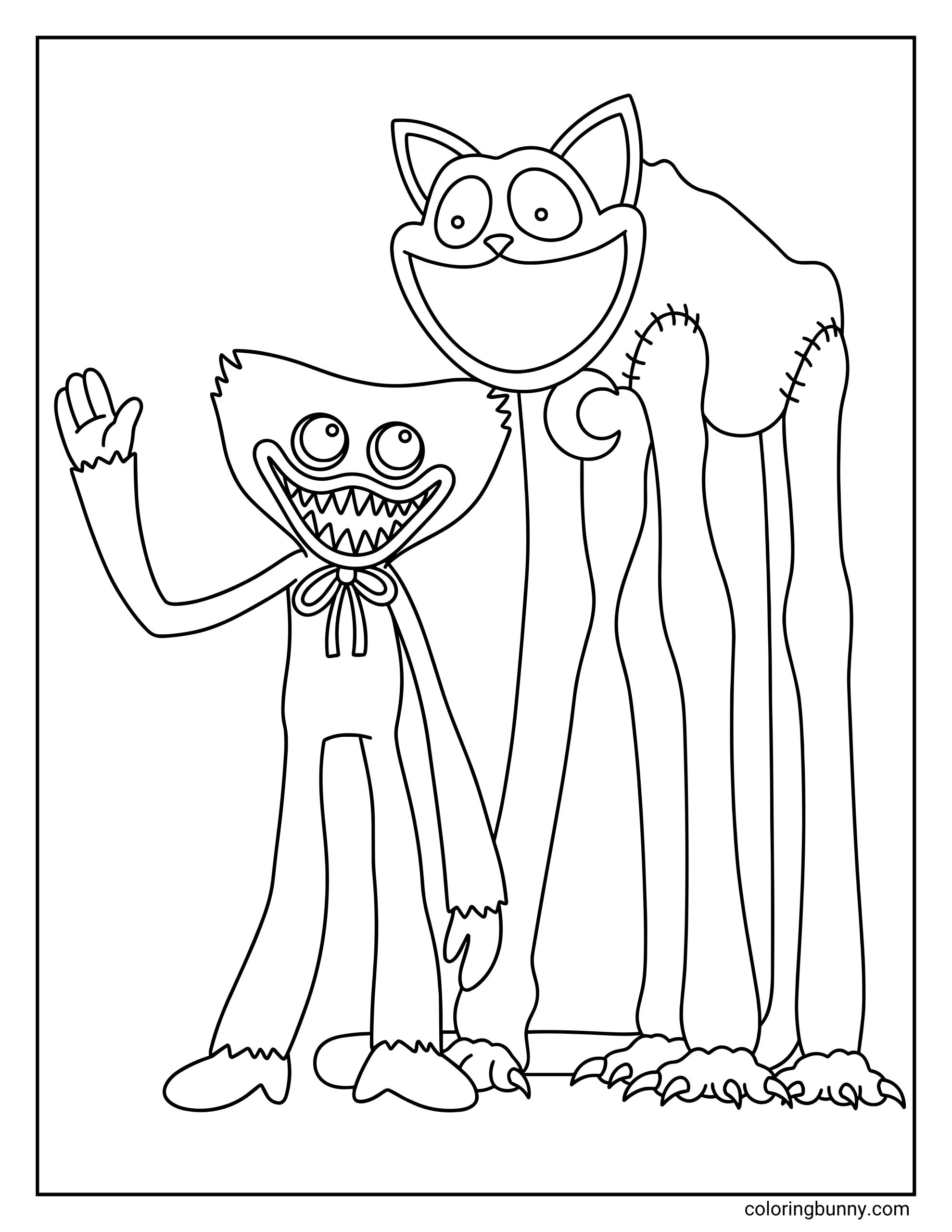 A simple coloring page of Huggy Wuggy and CatNap in monster from Poppy Playtime, and a plain background.
