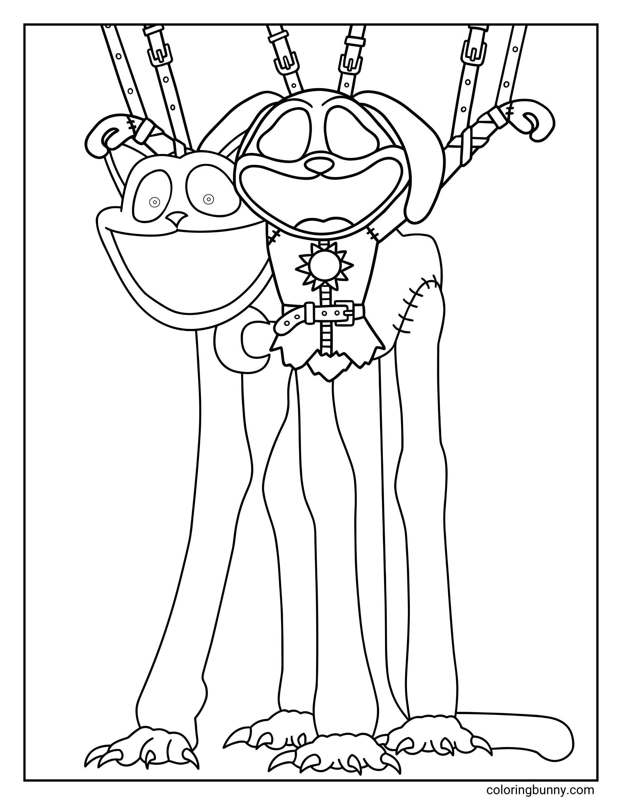 A scary coloring page of Monster CatNap and Monster DogDay from Poppy Playtime with long limbs, stitched seams, and straps attached above their arms.