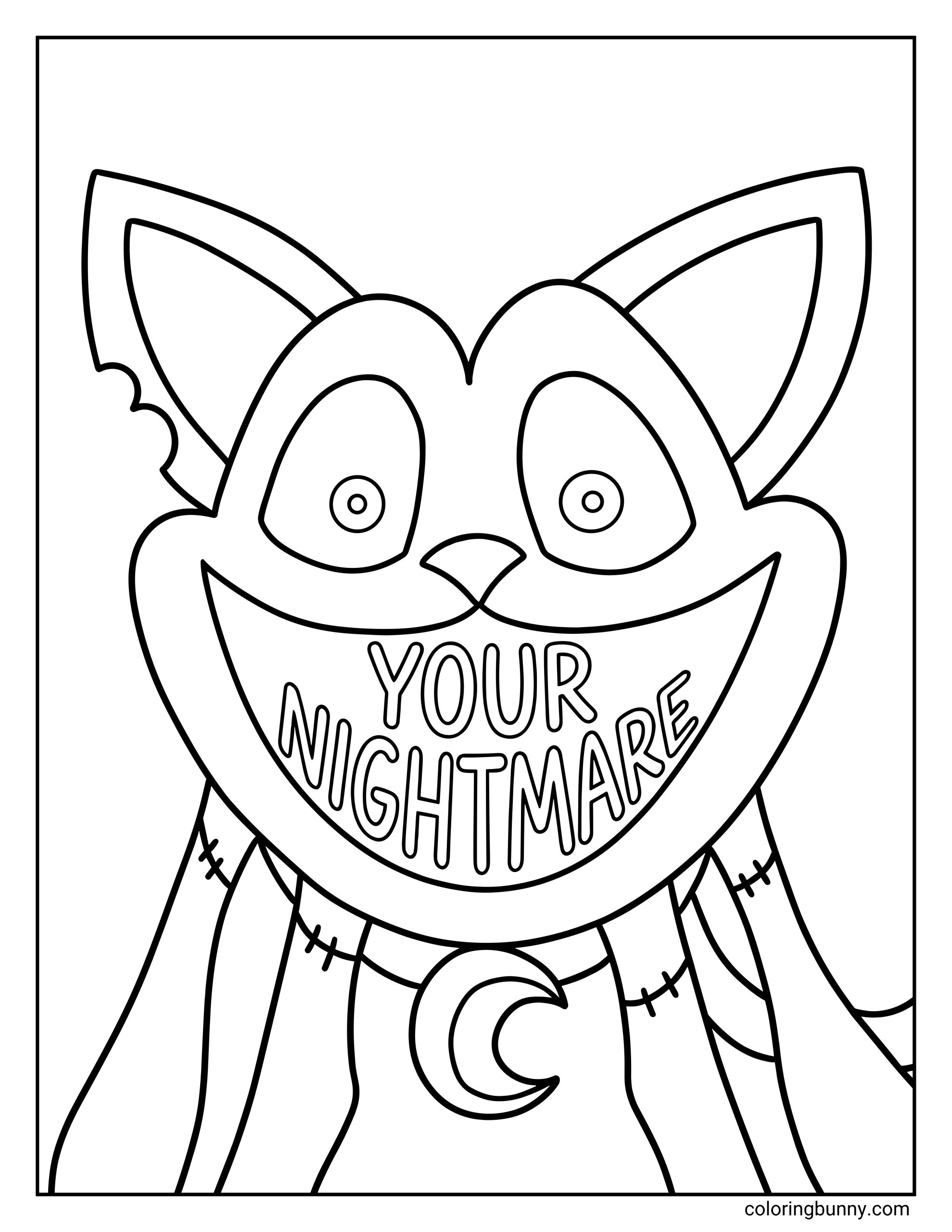 A scary coloring page of Monster CatNap from Poppy Playtime with a huge grin and stitched toy body, with “Your Nightmare” text filling the character’s mouth.