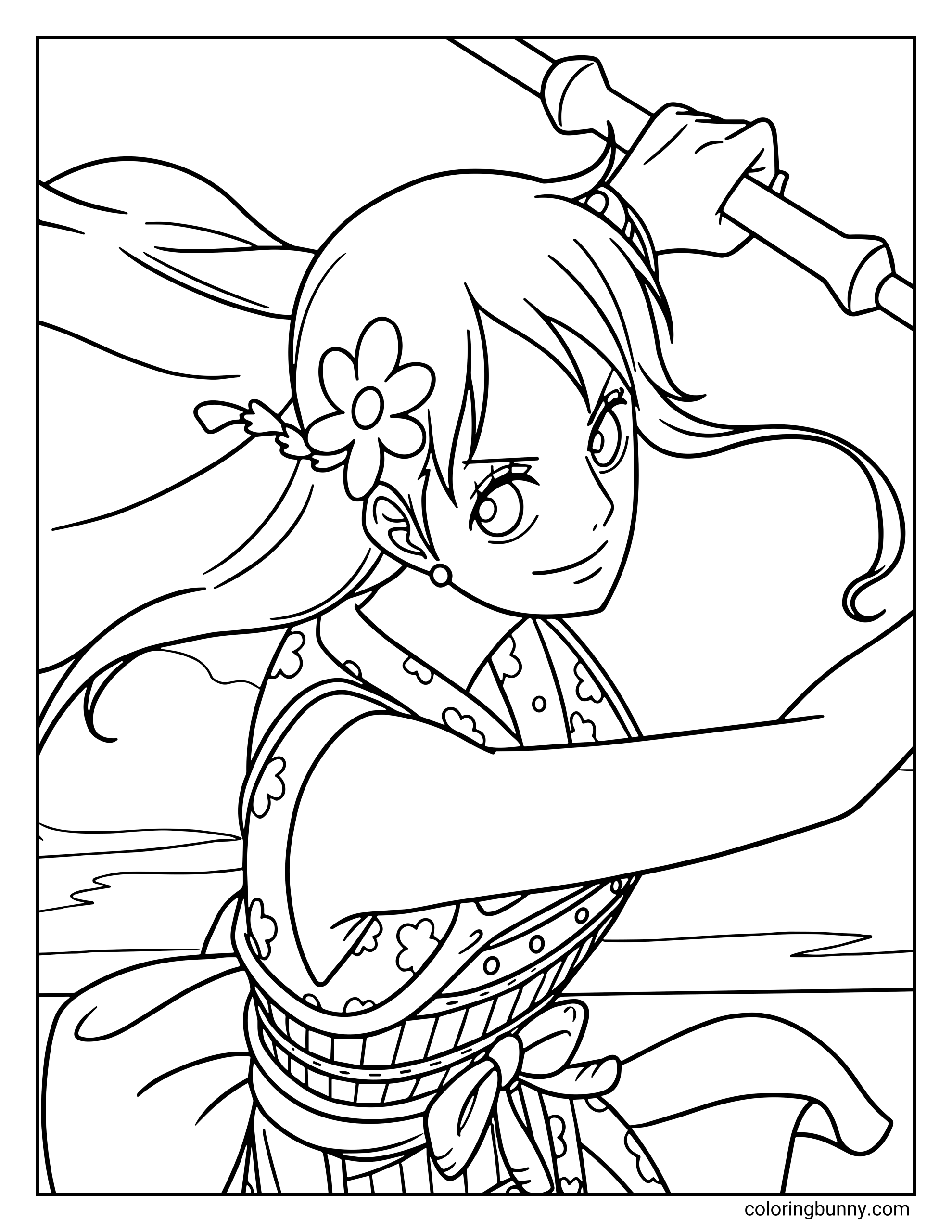A Nami One Piece coloring page showing the Straw Hat Pirates’ navigator holding her Clima-Tact staff while her hair flows in the wind. Wearing a patterned outfit with a flower in her hair, Nami looks determined as she prepares to use her weather-controlling weapon near the ocean.
