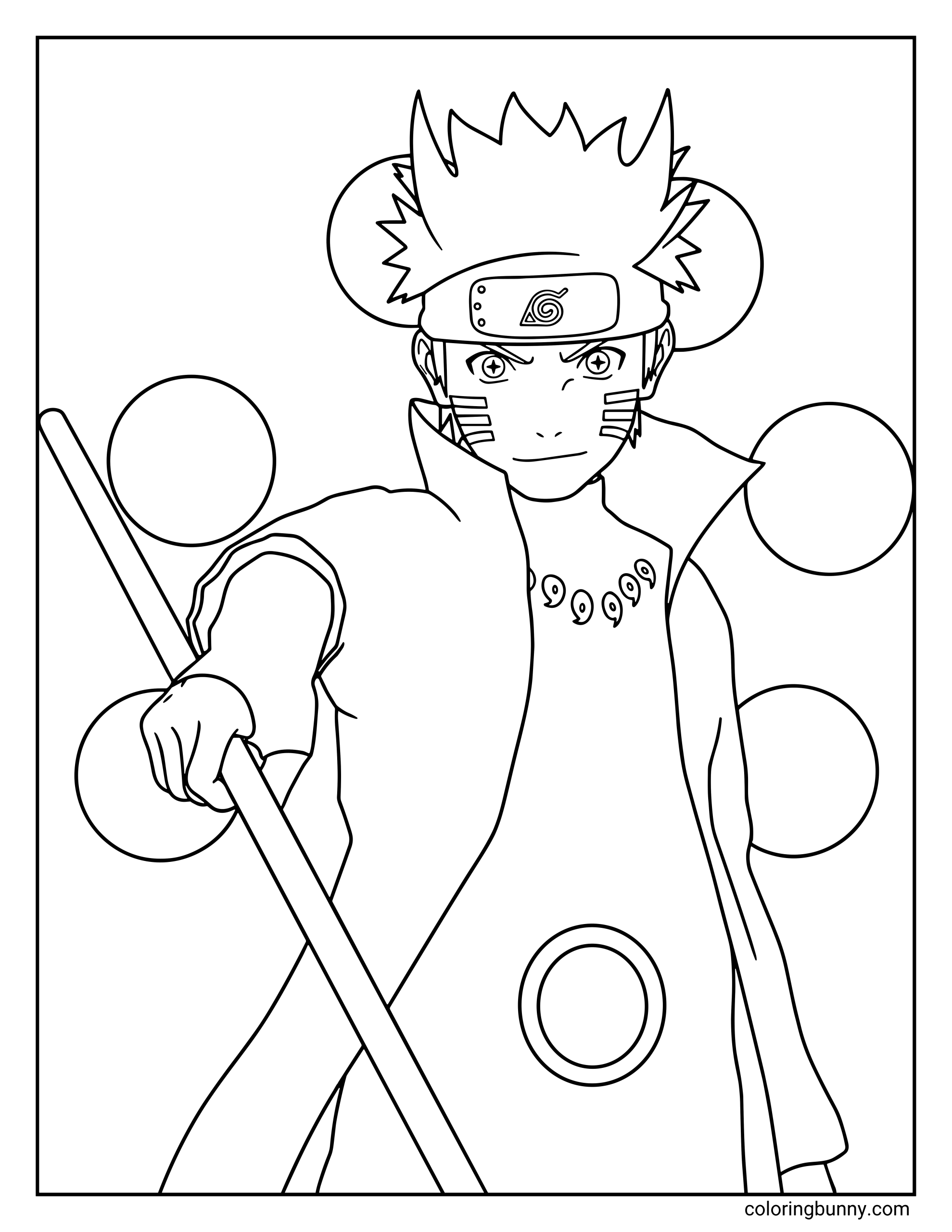 A Naruto coloring page featuring Naruto Uzumaki in Six Paths Sage Mode, holding a black staff while several Truth-Seeking Orbs float behind him. His cloak with the magatama markings and intense eyes represent the powerful form he gains during the final battles of Naruto: Shippuden after receiving power from the Hagoromo Otsutsuki.