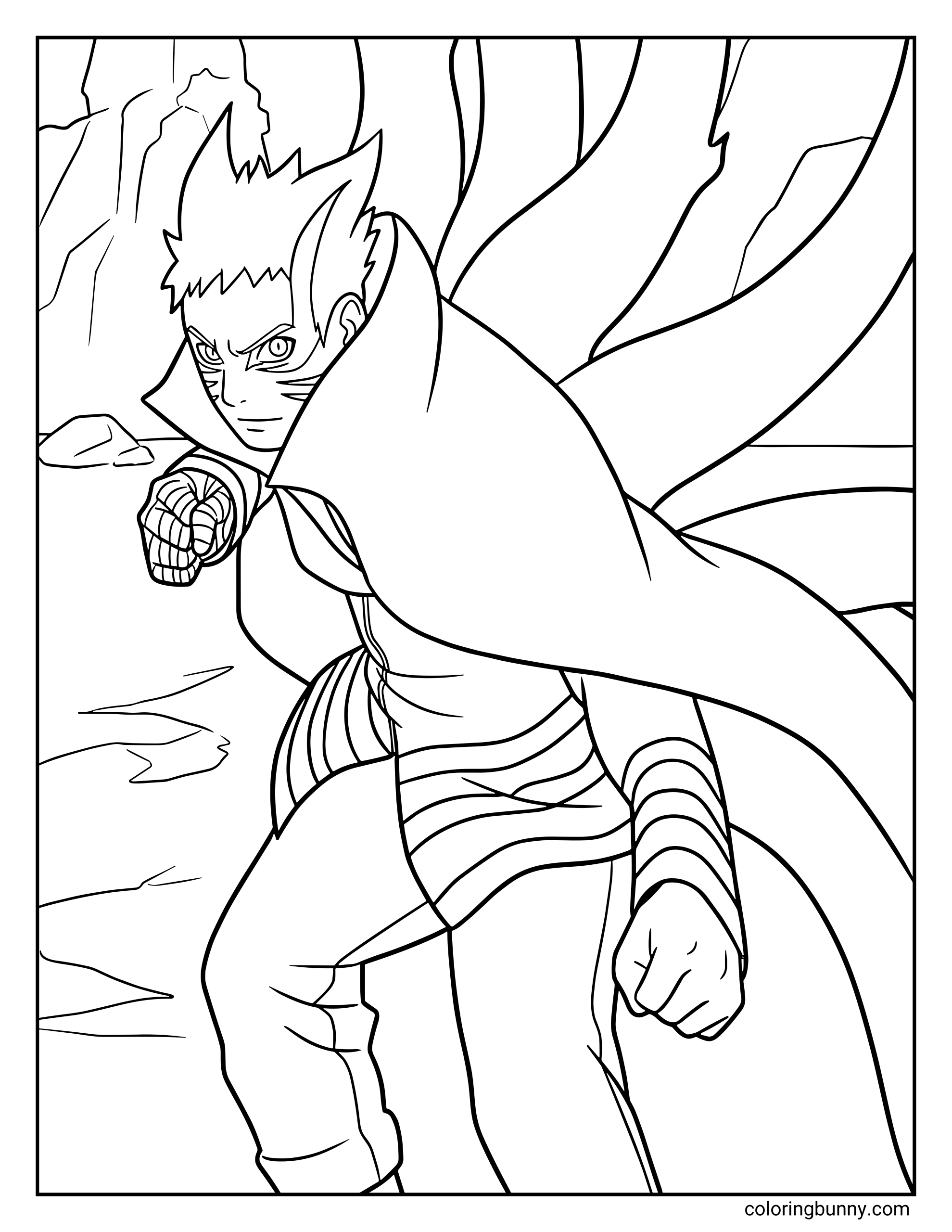 A Naruto coloring page featuring Naruto Uzumaki in his powerful Baryon Mode with a flowing cloak and large chakra tails extending behind him. He stands in a battle-ready stance with a determined expression, representing the advanced form powered by the chakra of Kurama as seen in Boruto: Naruto Next Generations.