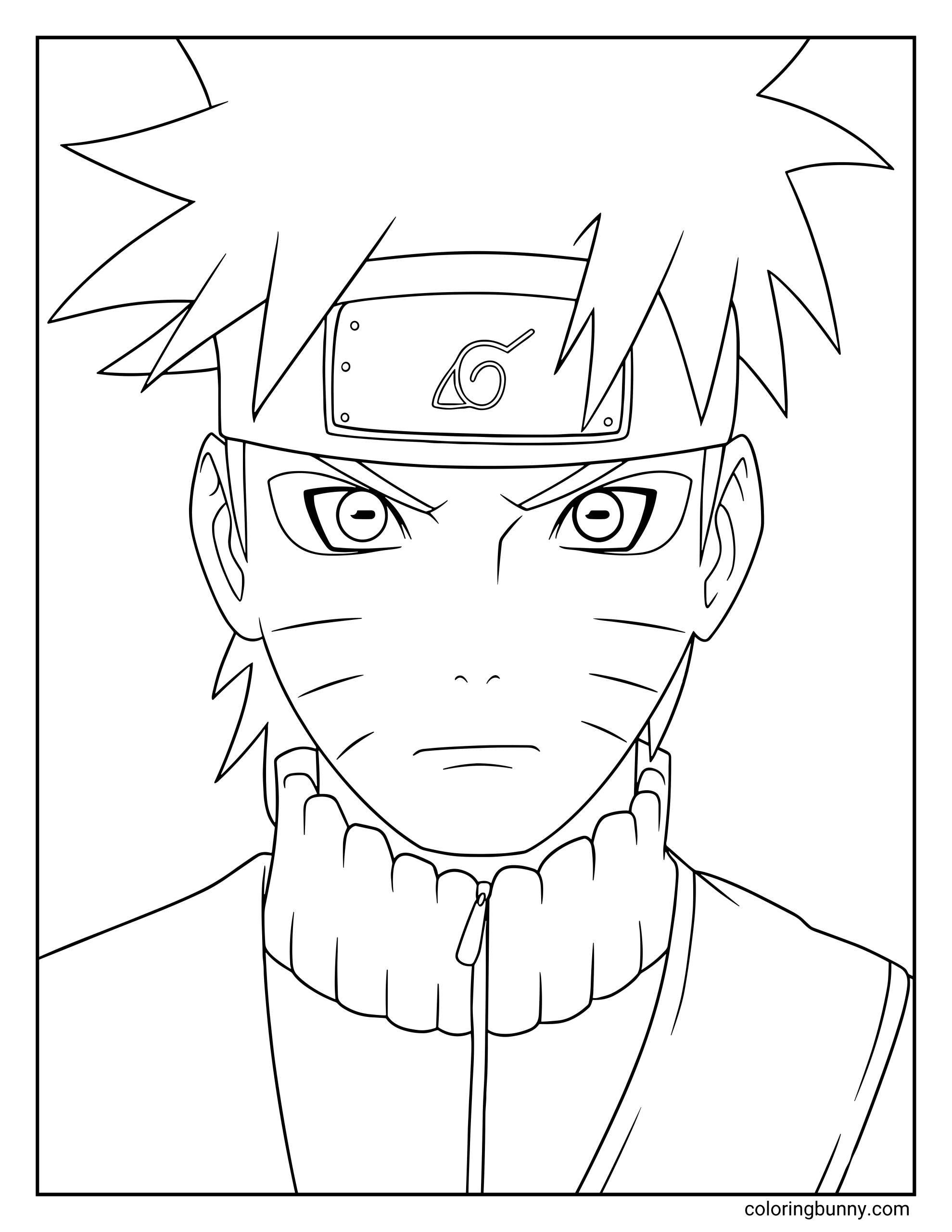 A Naruto coloring page featuring a close-up portrait of Naruto Uzumaki with his spiky hair, whisker marks, and Hidden Leaf headband. His focused expression and determined eyes capture the brave young ninja from Naruto as he prepares for the next challenge.