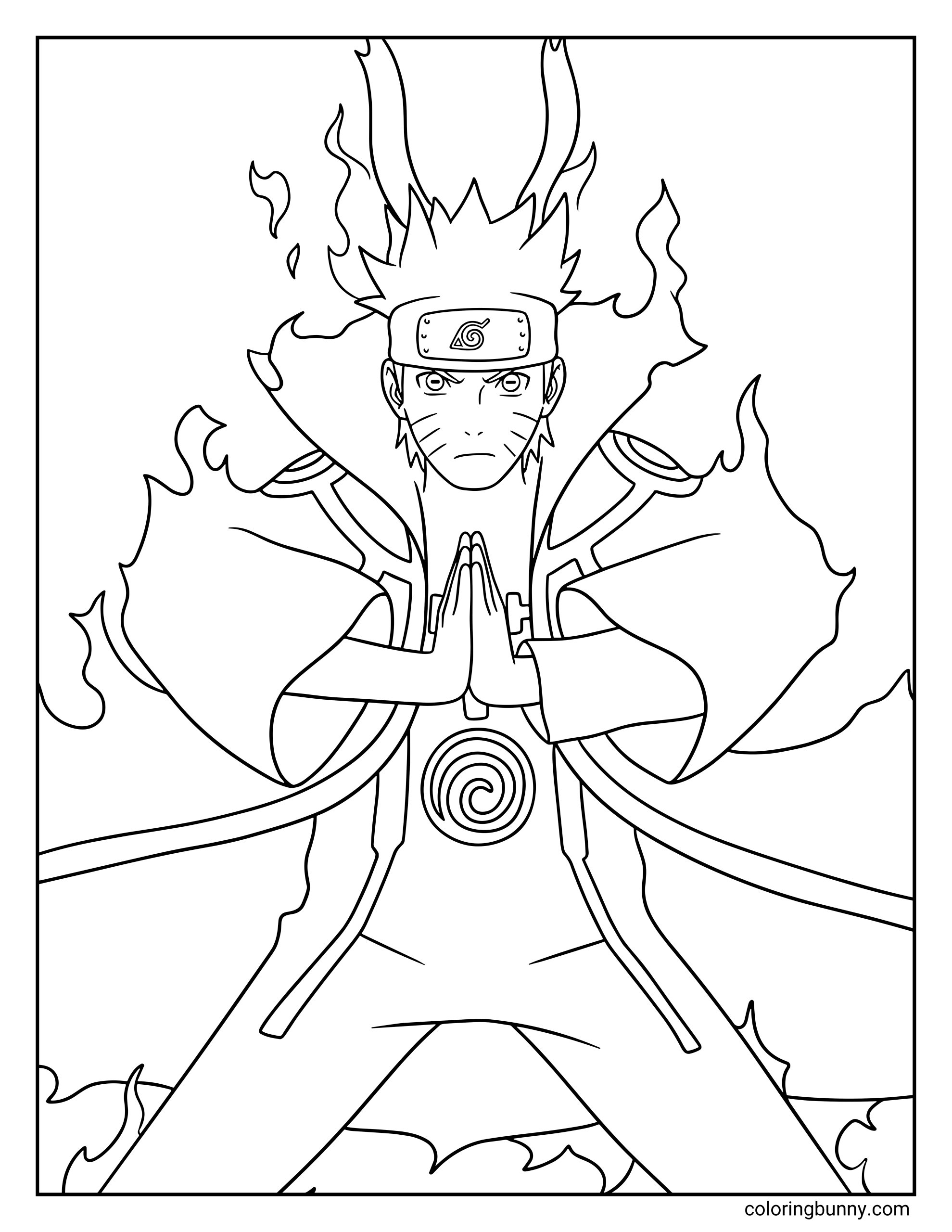 A Naruto coloring page featuring Sasuke Uchiha in a close-up portrait wearing the glowing Nine-Tails chakra cloak with flame-like energy shapes rising around him. He wears his Hidden Leaf headband and looks forward with a calm but serious expression, capturing a powerful moment inspired by the chakra of Kurama from Naruto: Shippuden.