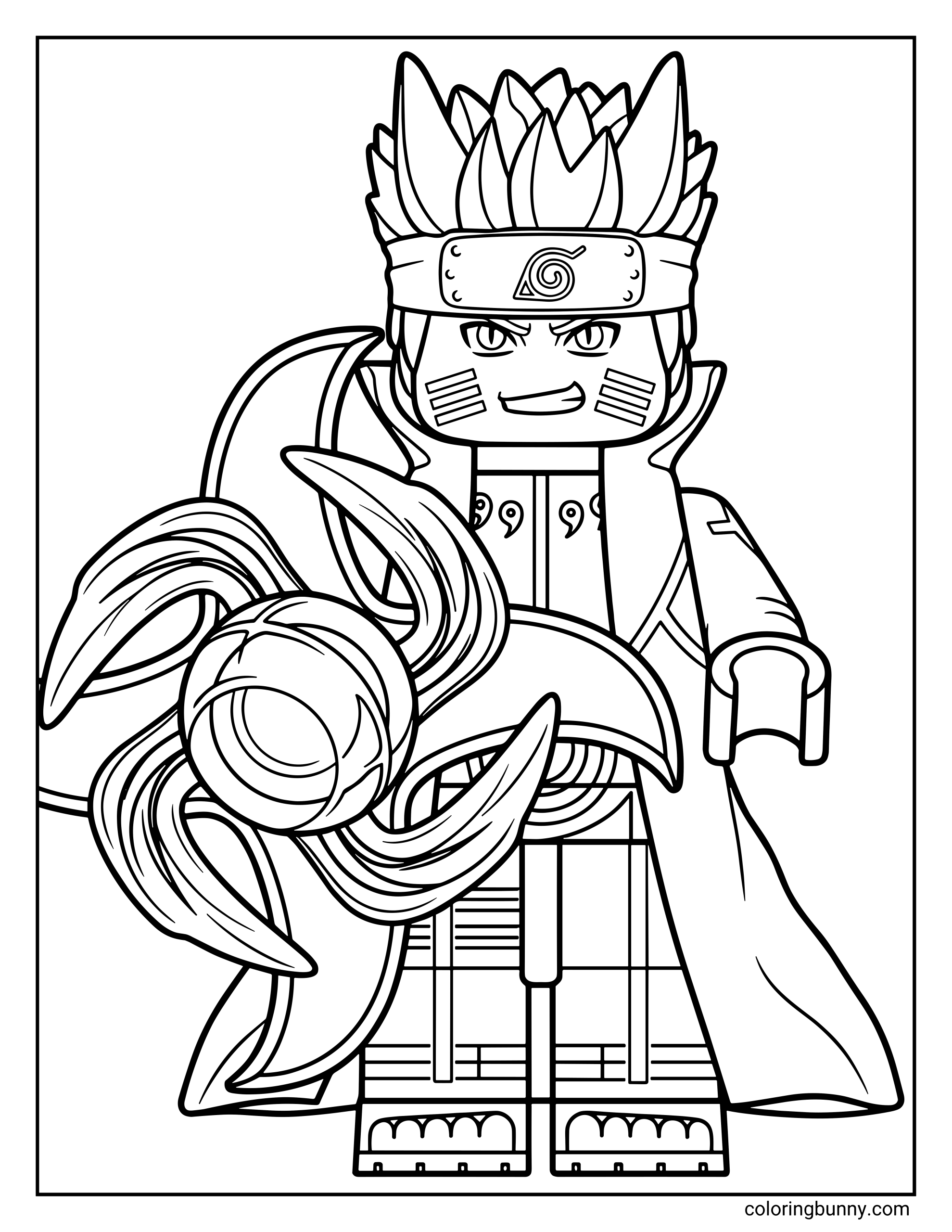 A Naruto coloring page featuring a LEGO minifigure version of Naruto Uzumaki in Baryon Mode with spiky hair, whisker marks, and a ninja cloak. The character holds a swirling Rasengan-like energy sphere with curved chakra shapes around it.