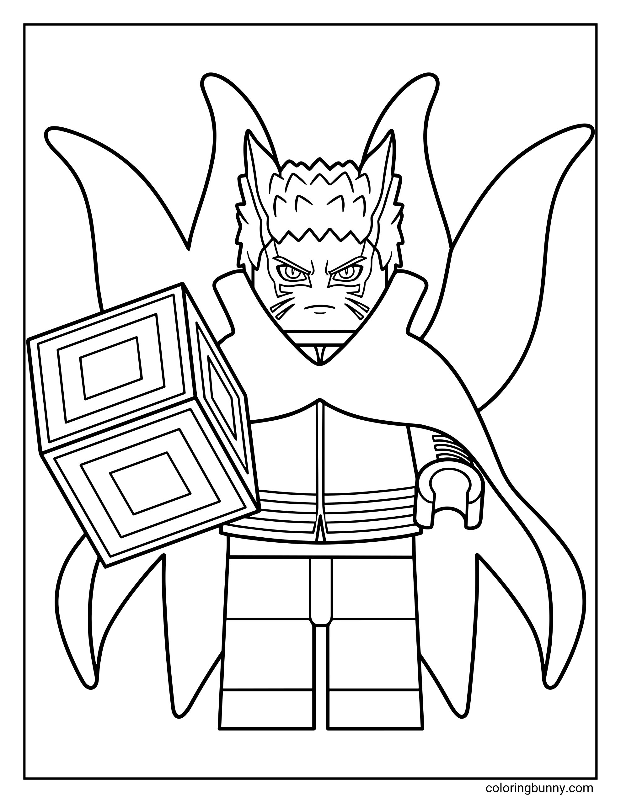 A Naruto coloring page featuring a LEGO minifigure version of Naruto Uzumaki in Baryon Mode, designed as a blocky minifigure character with flowing tails behind him. Naruto hold a Daihakoten cube.