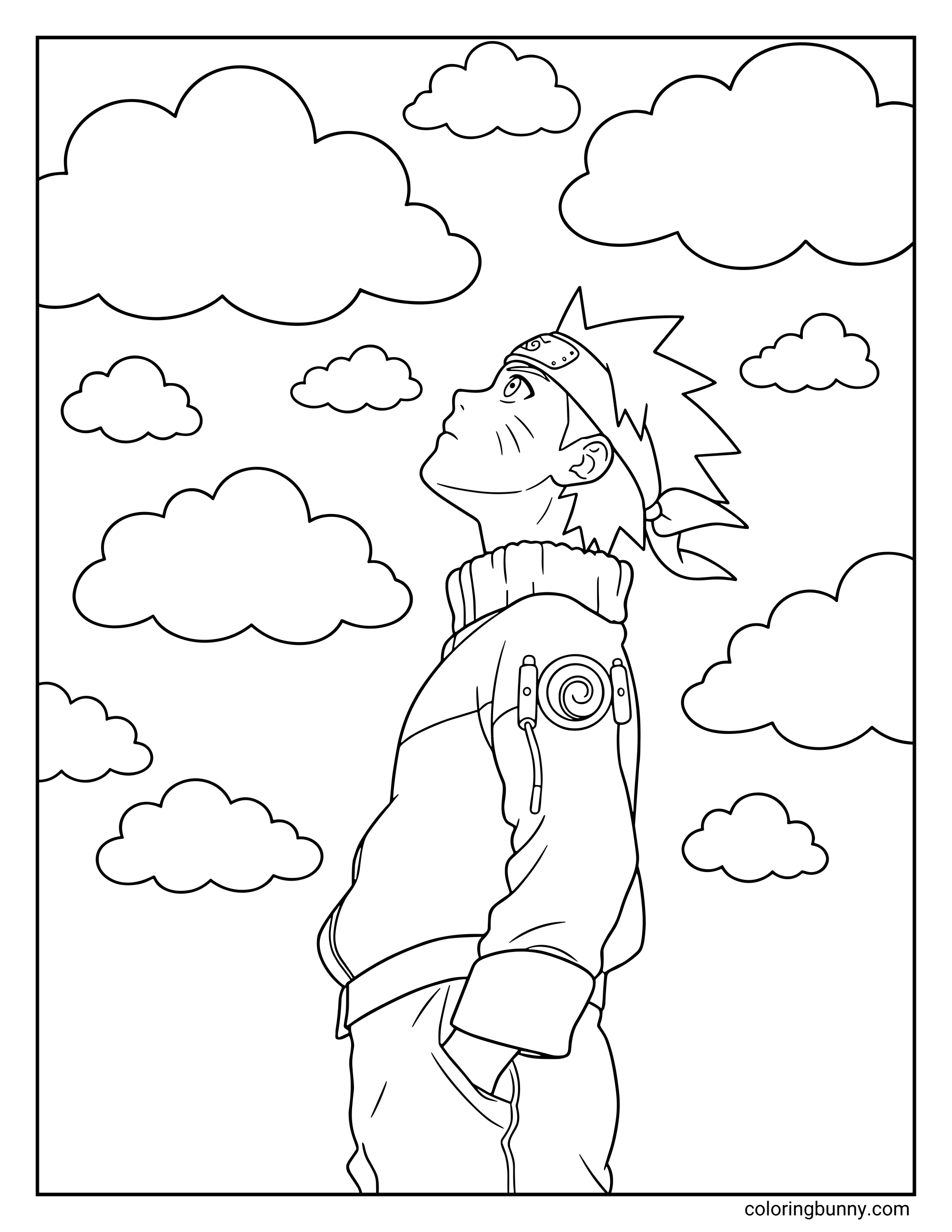 A Naruto coloring page featuring Naruto Uzumaki standing with his hands in his pockets while looking up at the sky filled with soft clouds. Wearing his Hidden Leaf headband and ninja jacket, Naruto gazes upward thoughtfully, capturing a calm moment.