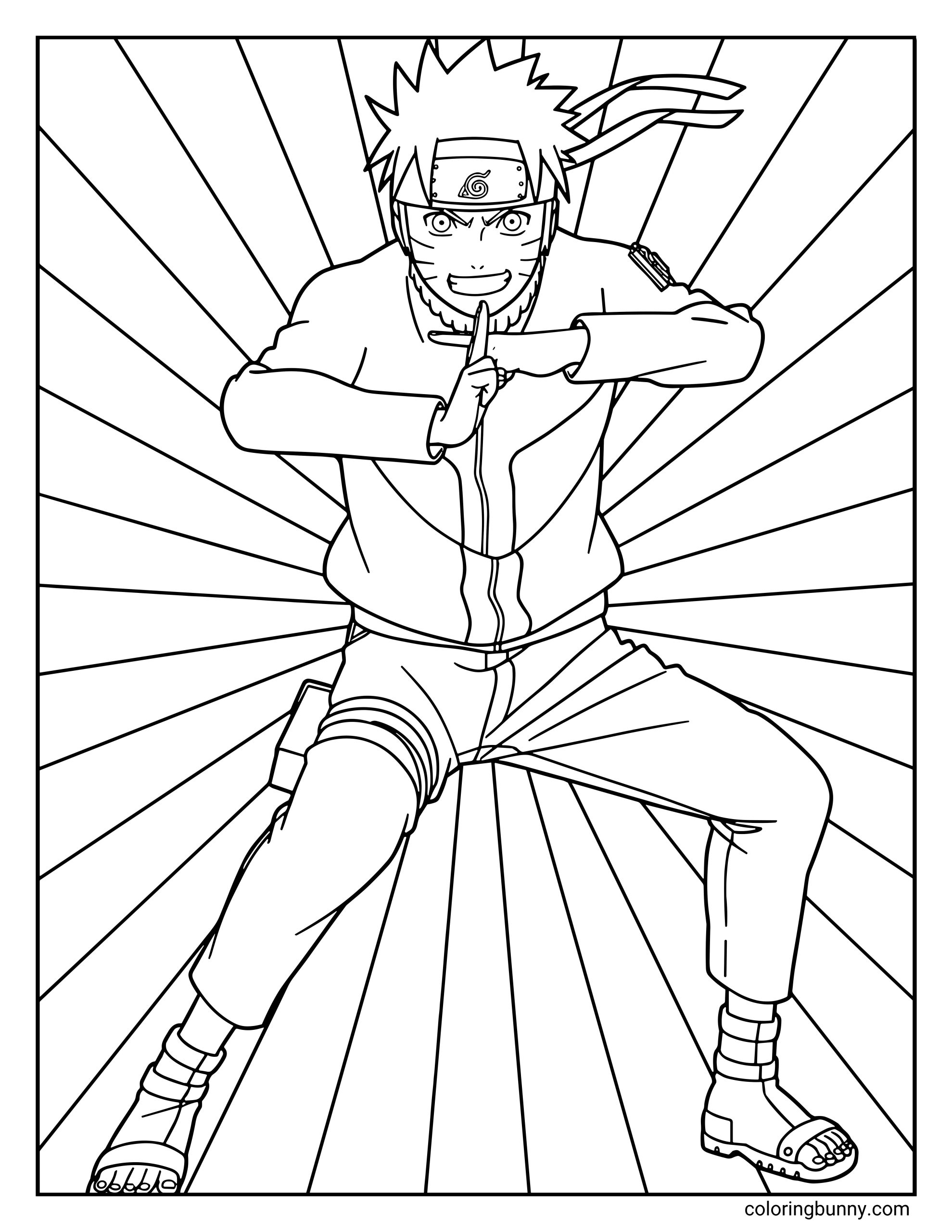 A Naruto coloring page featuring Naruto Uzumaki in an energetic ninja battle stance while forming a hand sign for a jutsu. He wears his Hidden Leaf headband and ninja outfit as action sun beam lines burst outward behind him, capturing the moment he prepares to unleash one of his signature techniques from Naruto.