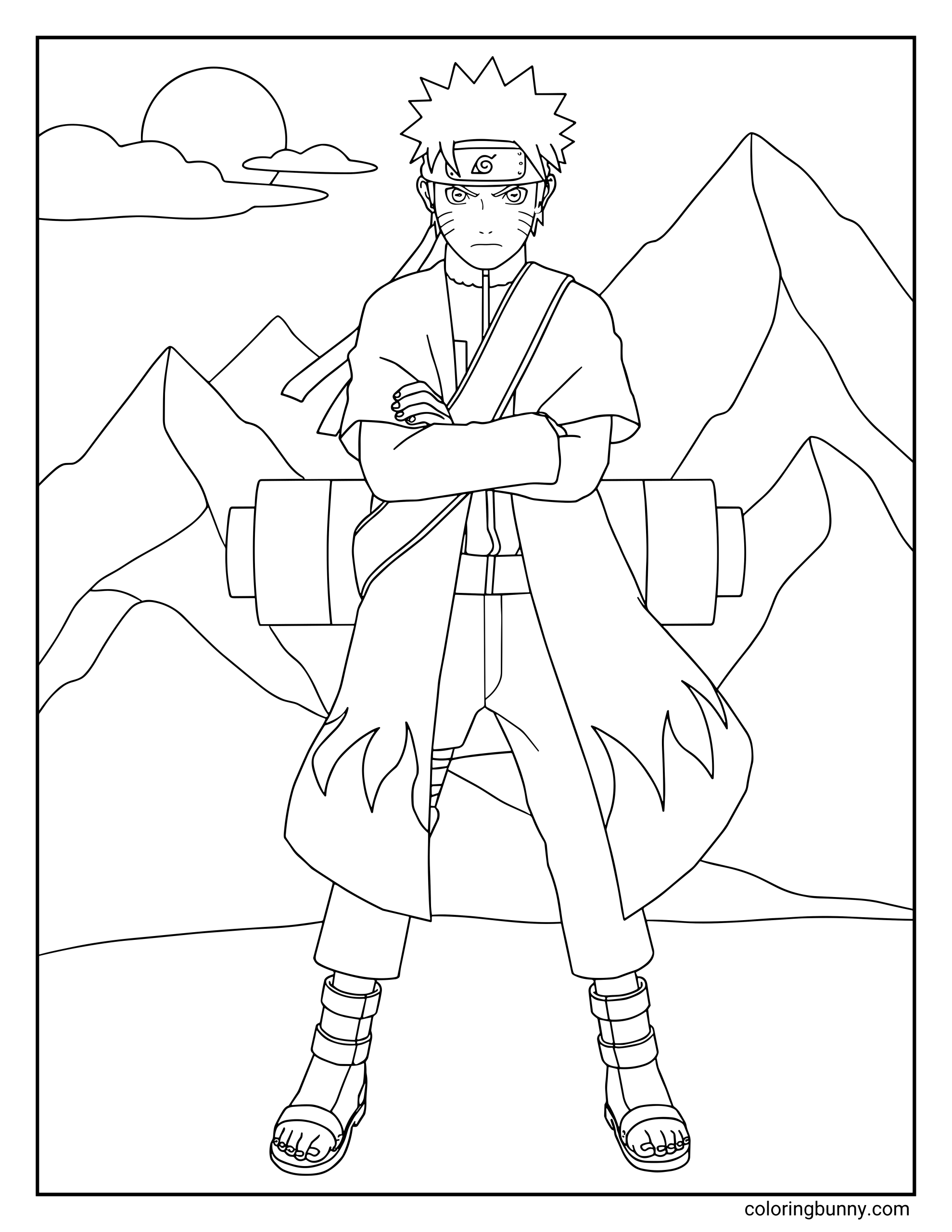 A Naruto coloring page featuring Naruto Uzumaki standing confidently in Sage Mode with his arms crossed, wearing his flowing sage cloak and the Hidden Leaf headband. A large scroll is strapped to his back as he stands in a mountain landscape reminiscent of training grounds like Mount Myoboku, representing the powerful nature energy form he mastered during the events of Naruto: Shippuden.