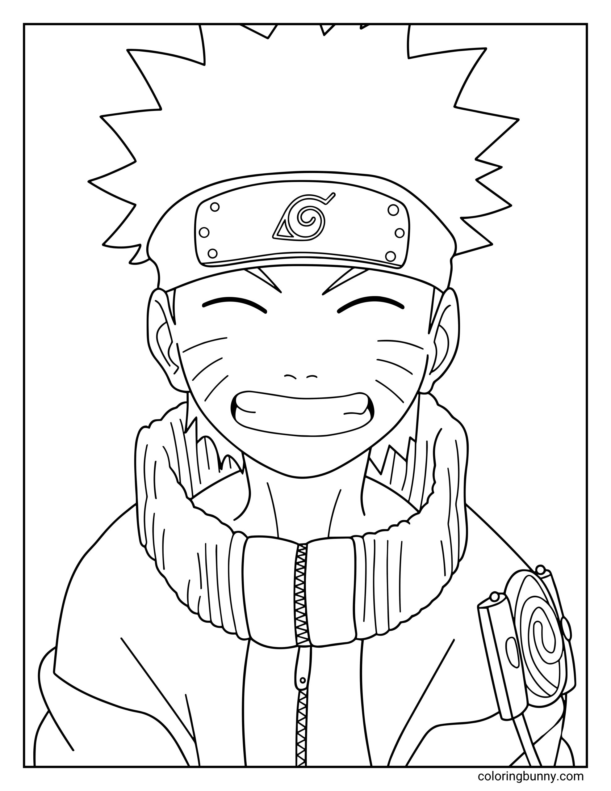 A Naruto coloring page featuring Naruto Uzumaki smiling widely with his eyes closed while wearing his Hidden Leaf headband and ninja jacket. His cheerful expression and whisker marks capture the joyful personality of the future Hokage.