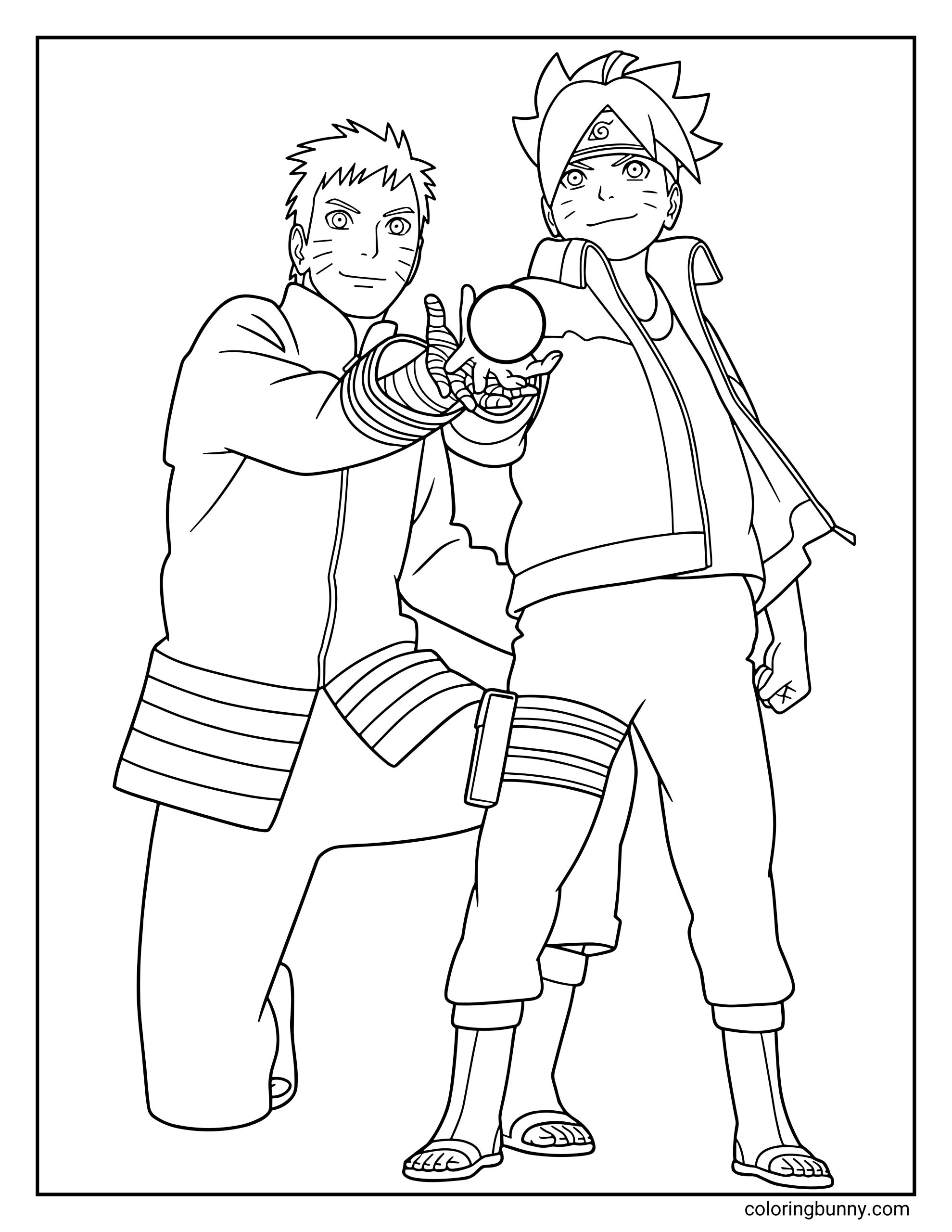 A Naruto coloring page featuring Naruto Uzumaki standing beside his son Boruto Uzumaki as they form a Rasengan together. The scene shows Naruto guiding Boruto’s hand while the chakra sphere forms between them in a moment from Boruto: Naruto Next Generations.